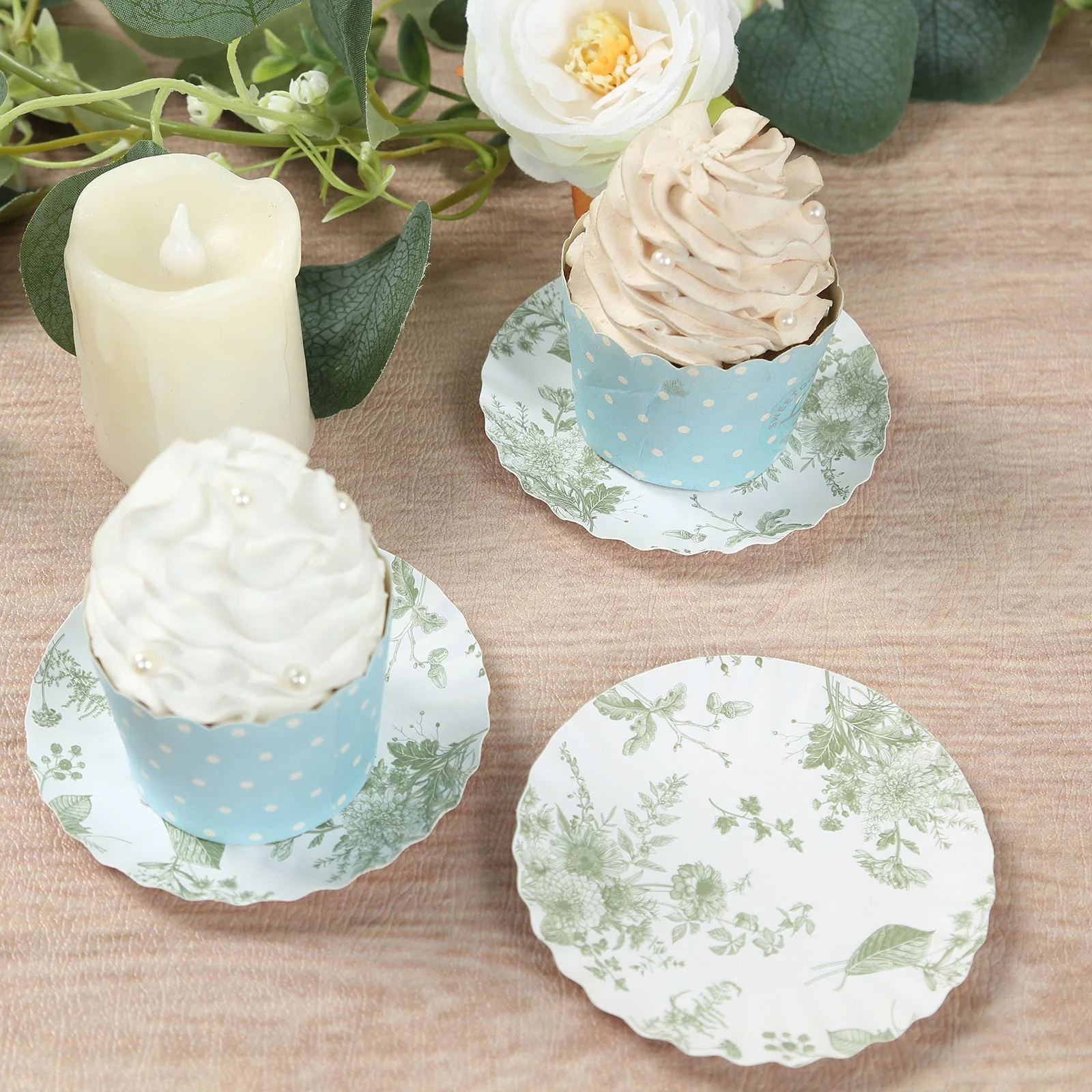 100-Pack Paper Round Plates 3.5" White with Sage Green French Toile Design & Scalloped Rim - 250GSM Disposable Mini Dessert Party Plates