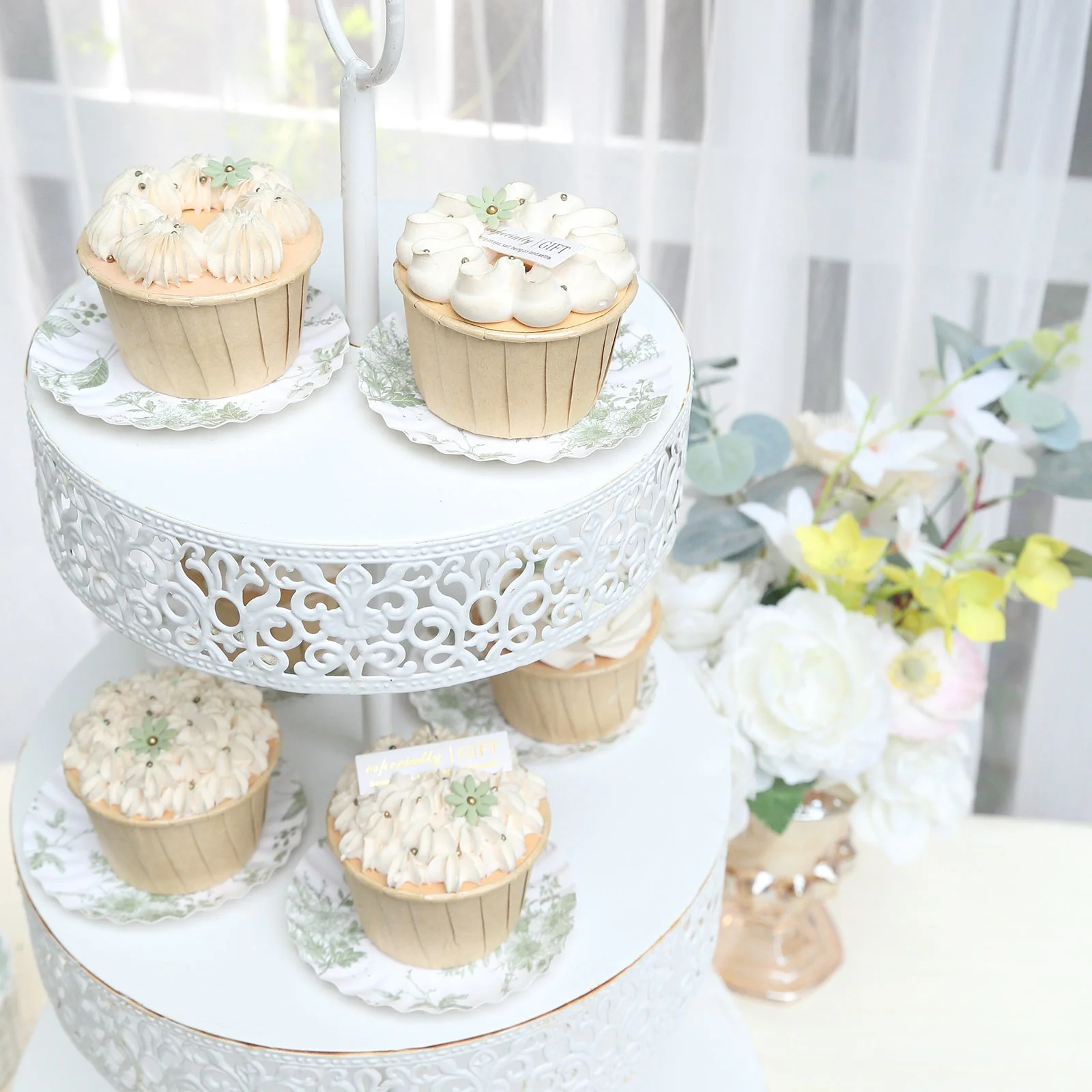 100-Pack Paper Round Plates 3.5" White with Sage Green French Toile Design & Scalloped Rim - 250GSM Disposable Mini Dessert Party Plates - Image 2