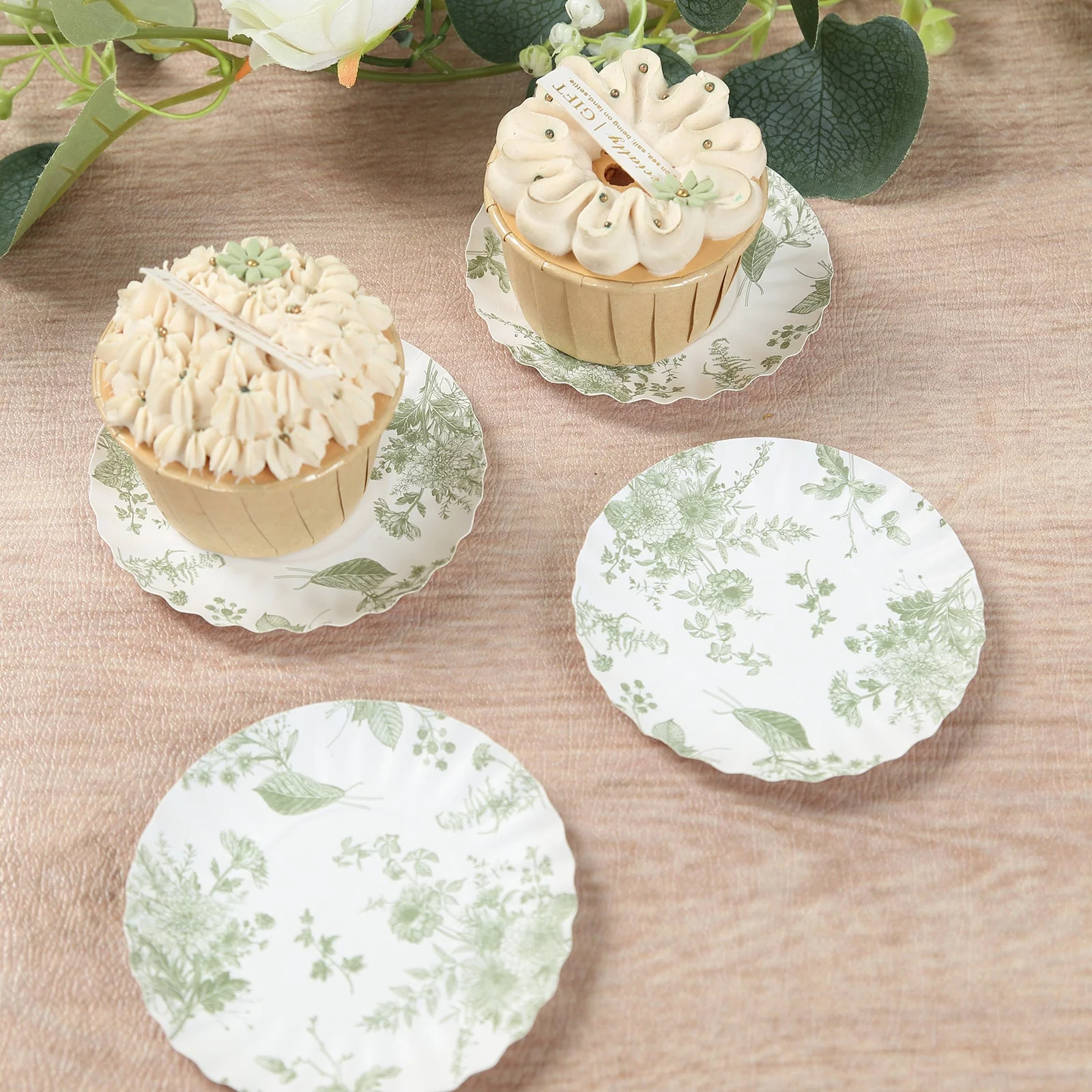 100-Pack Paper Round Plates 3.5" White with Sage Green French Toile Design & Scalloped Rim - 250GSM Disposable Mini Dessert Party Plates - Image 4