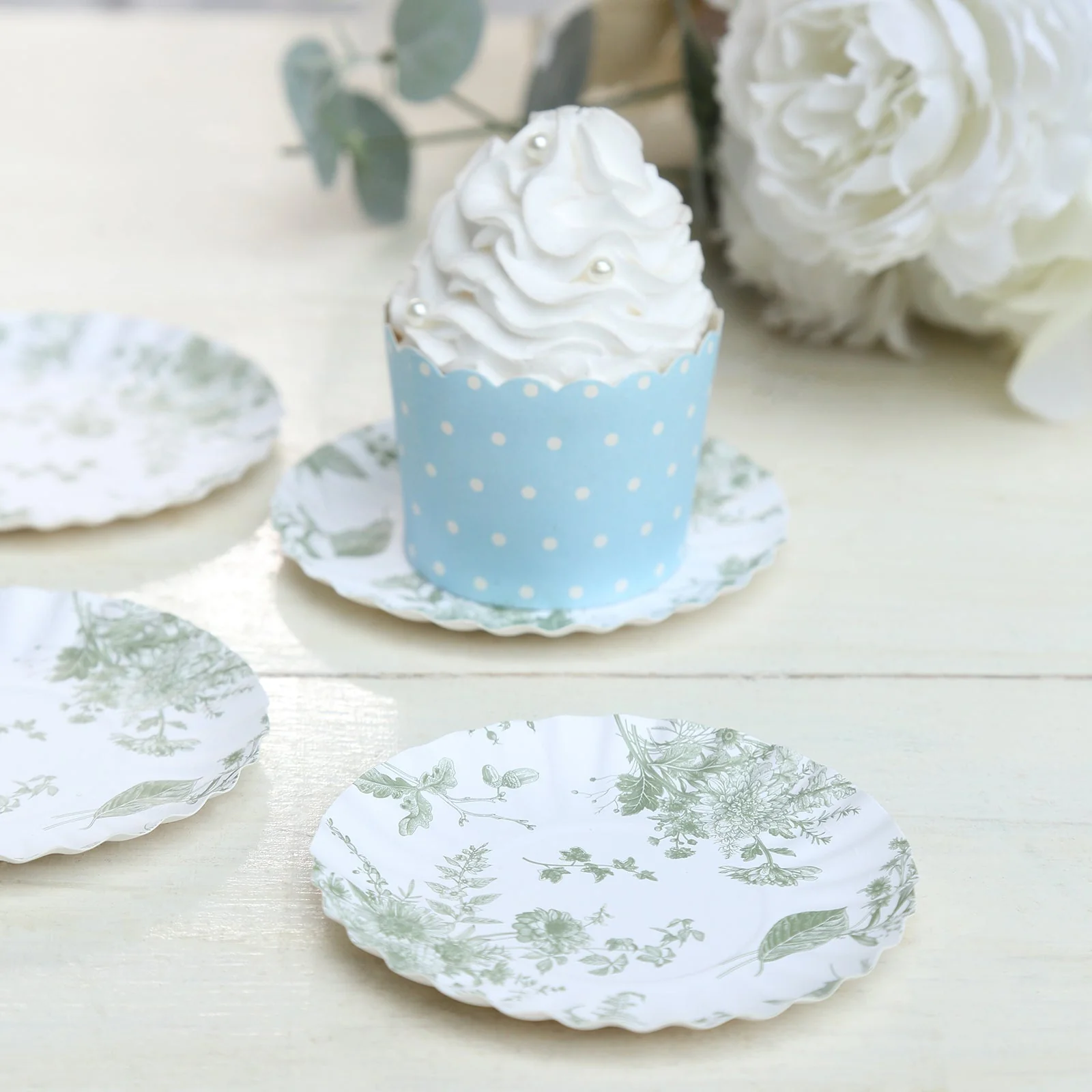 100-Pack Paper Round Plates 3.5" White with Sage Green French Toile Design & Scalloped Rim - 250GSM Disposable Mini Dessert Party Plates - Image 5
