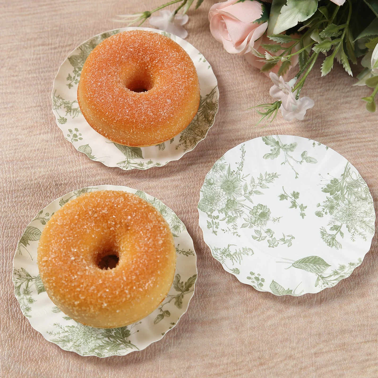 100-Pack Paper Round Plates 3.5" White with Sage Green French Toile Design & Scalloped Rim - 250GSM Disposable Mini Dessert Party Plates - Image 6