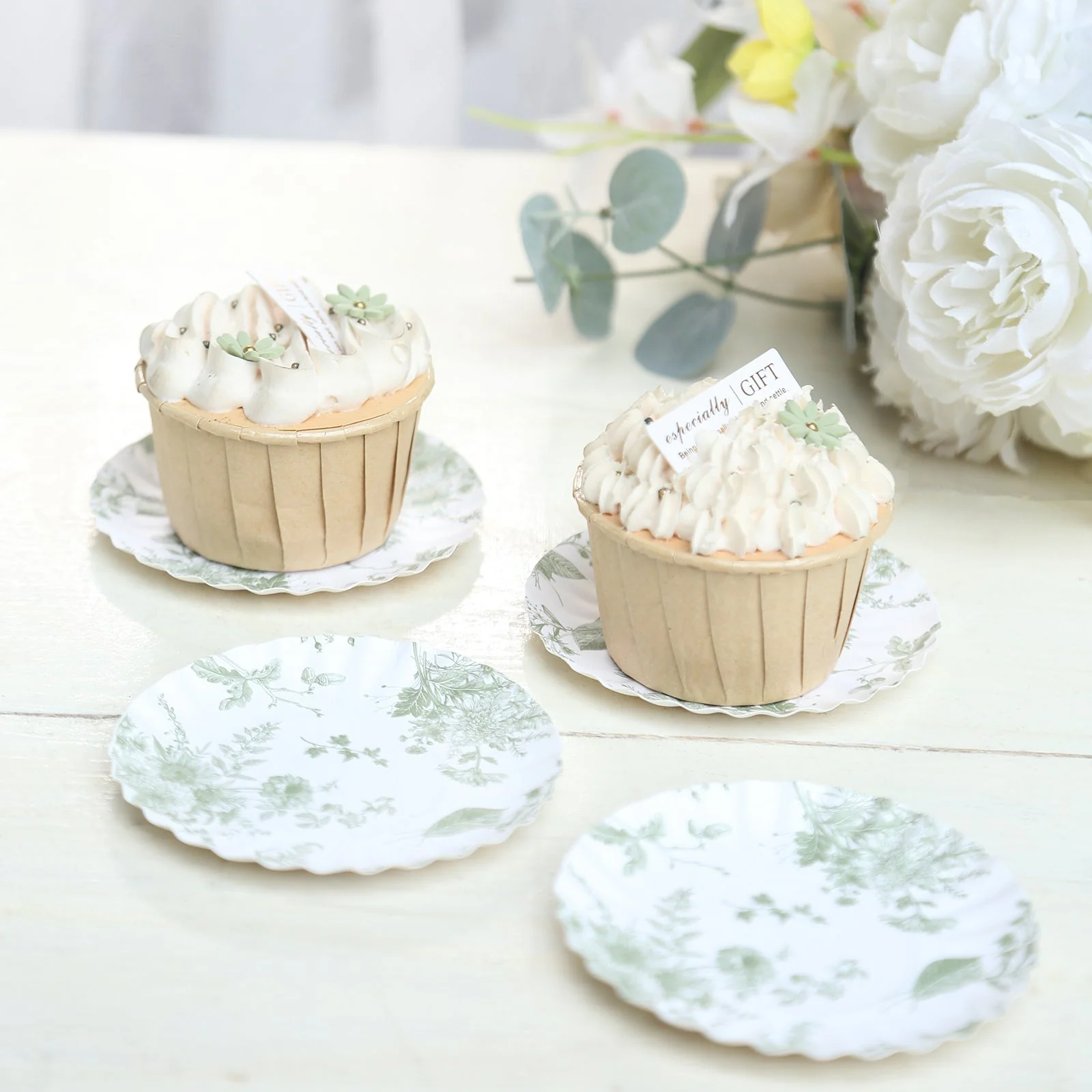 100-Pack Paper Round Plates 3.5" White with Sage Green French Toile Design & Scalloped Rim - 250GSM Disposable Mini Dessert Party Plates - Image 8
