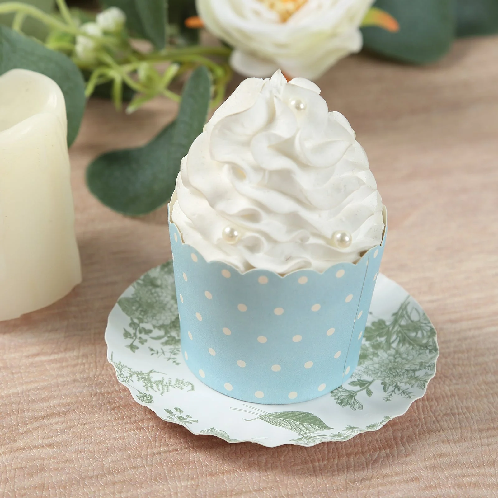 100-Pack Paper Round Plates 3.5" White with Sage Green French Toile Design & Scalloped Rim - 250GSM Disposable Mini Dessert Party Plates - Image 9