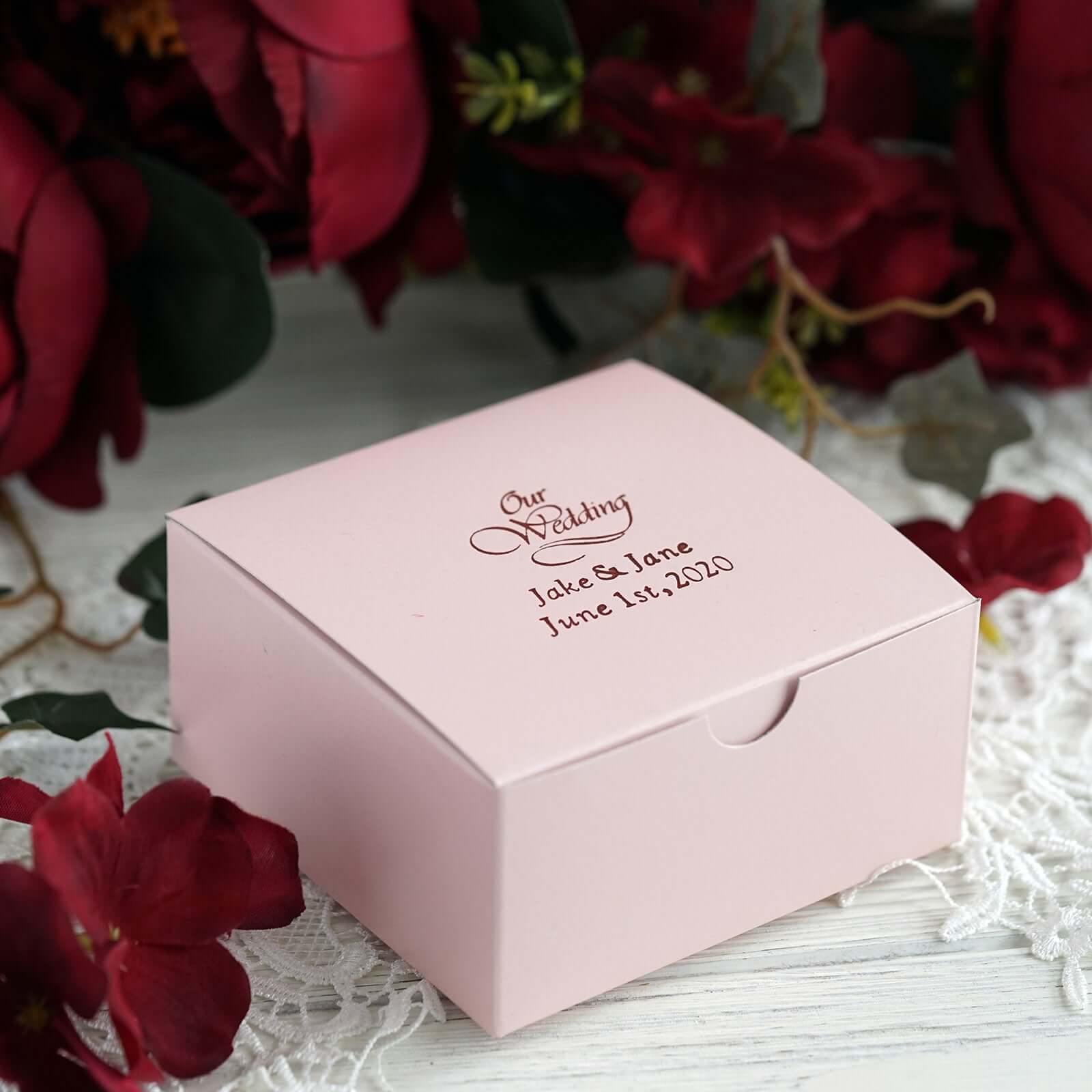 100 Pack Personalized Mini Cake Wedding Favor Gift Boxes With Large Emblem 4"x4"x2" - Image 7