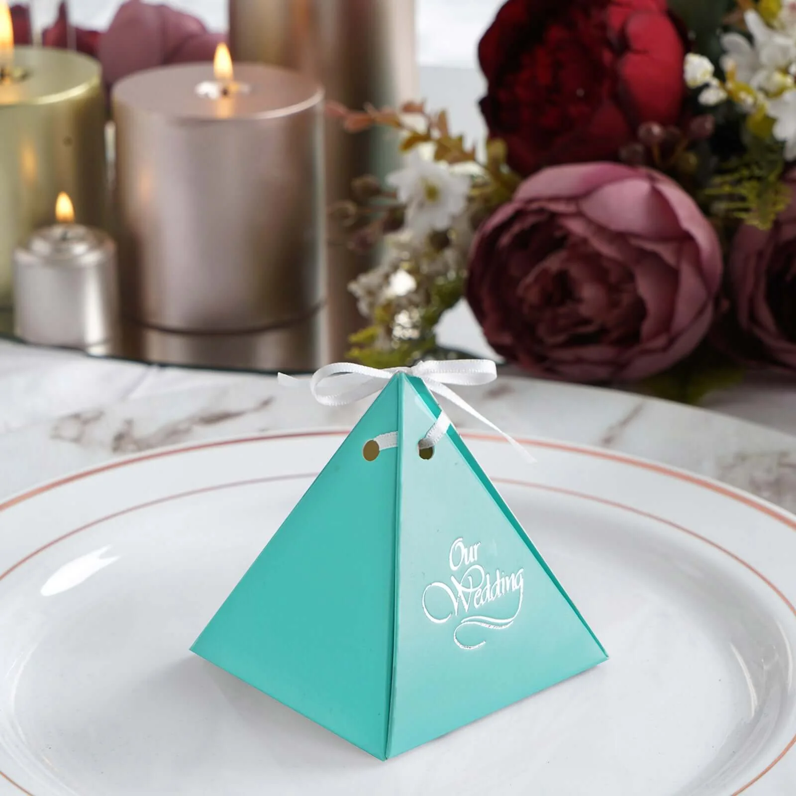 100 Pack Personalized Pyramid Shaped Wedding Favor Party Gift Boxes With Large Emblem And Satin Ribbon Tie - Image 2