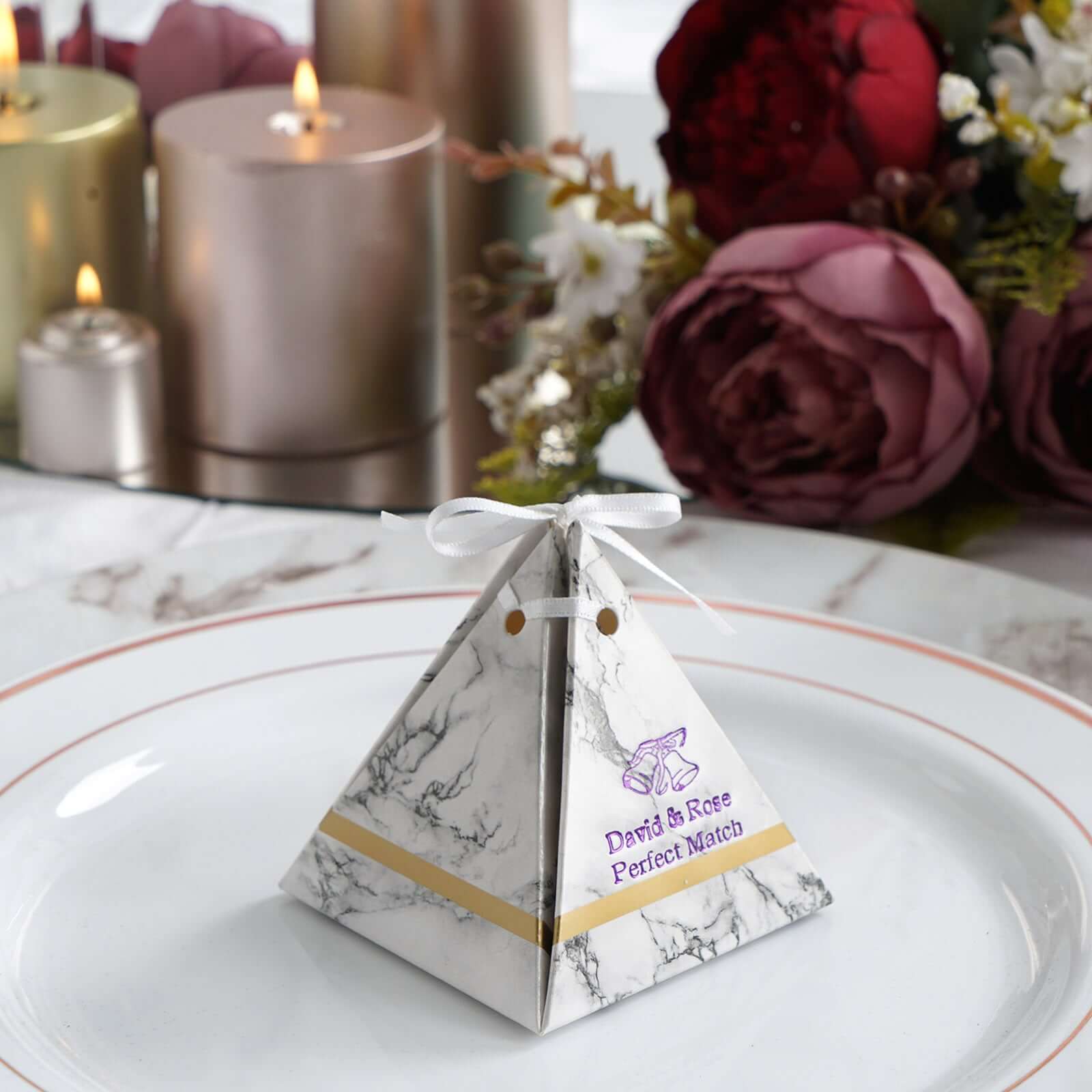 100 Pack Personalized Pyramid Shaped Wedding Favor Party Gift Boxes With Satin Ribbon Tie - Image 2