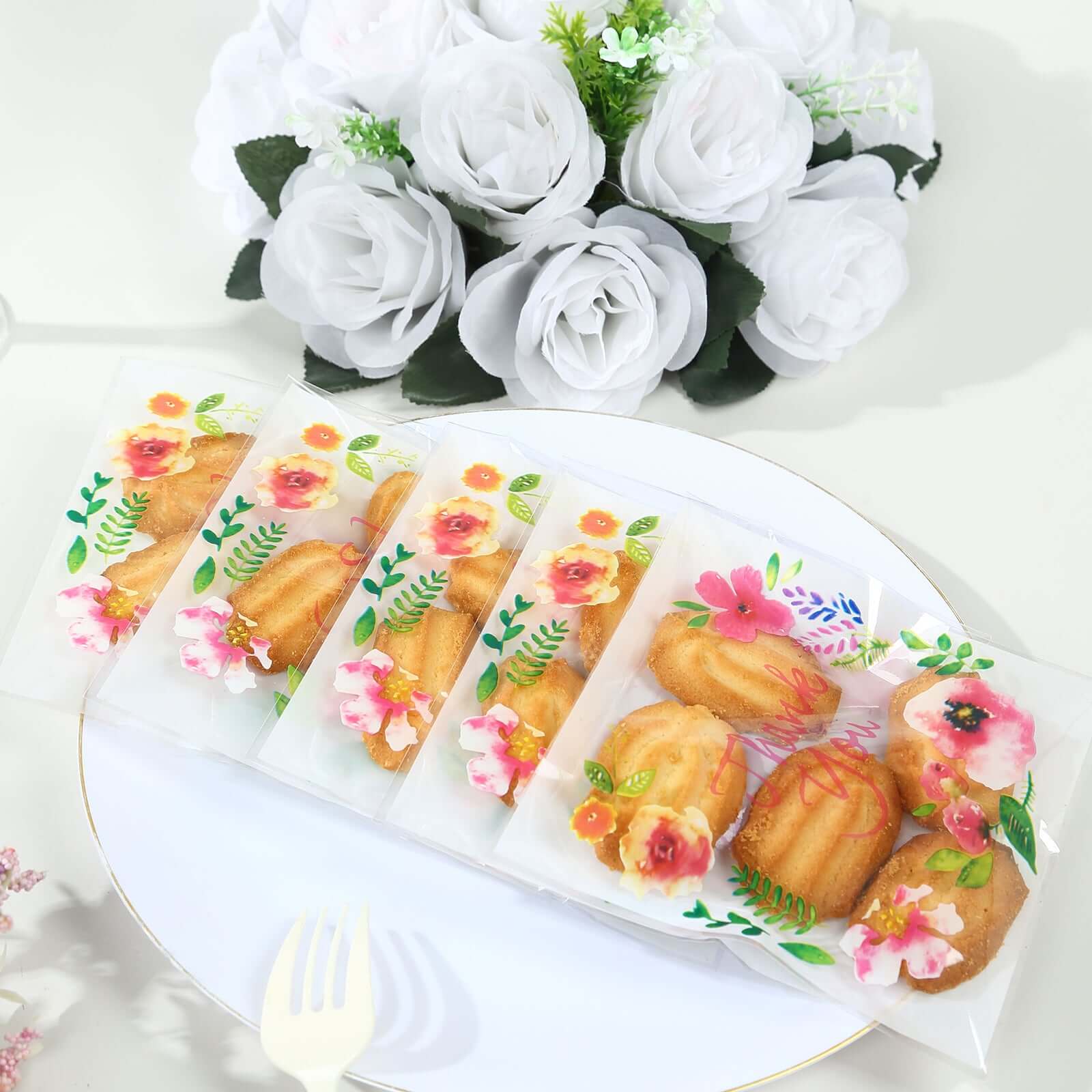 100-Pack PVC Cookie Candy Bags 6"x7" White/Clear With "Thank You" Floral Accents - Chic Self Sealing Transparent Goodie Bags for Confections Baked Treats Party Favors