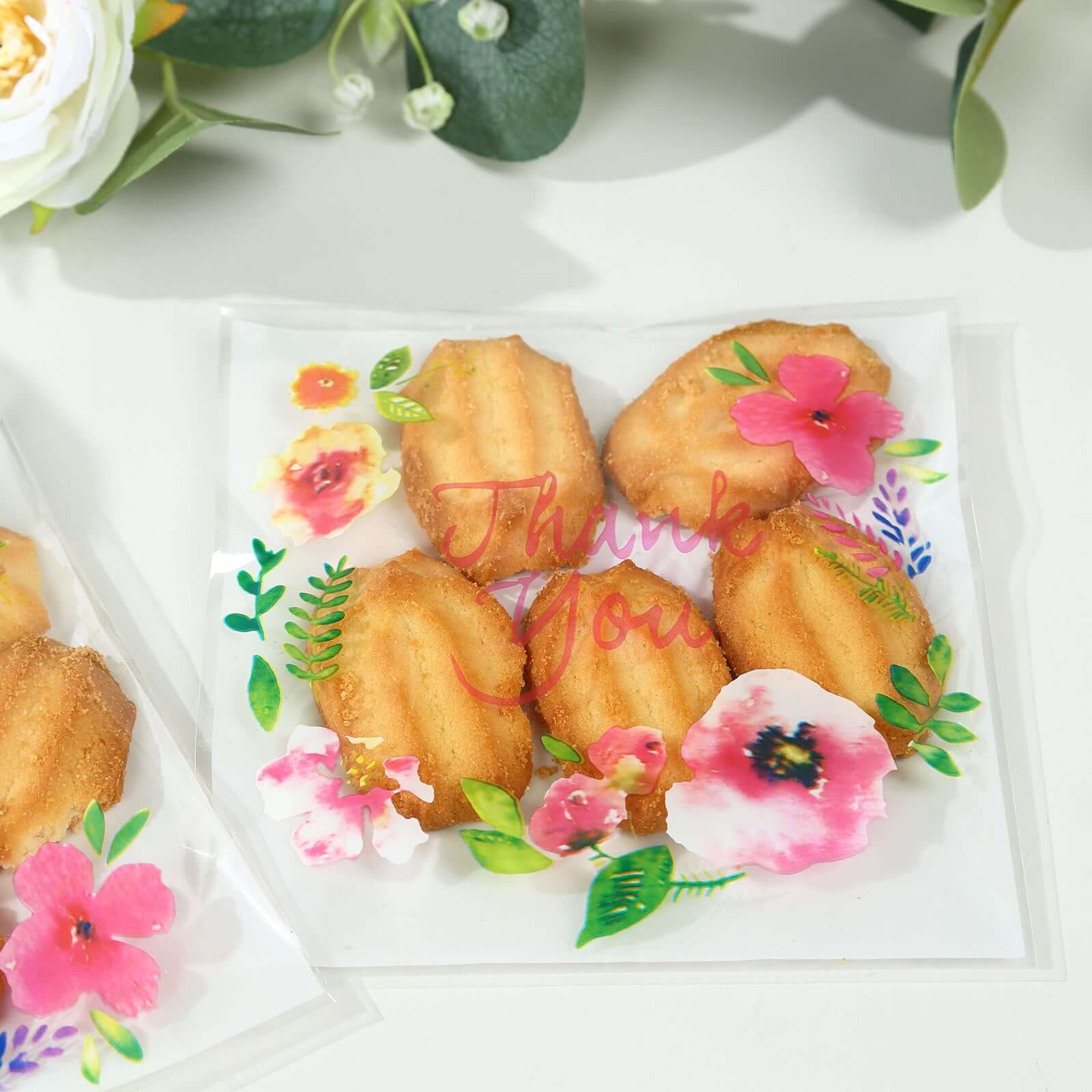 100-Pack PVC Cookie Candy Bags 6"x7" White/Clear With "Thank You" Floral Accents - Chic Self Sealing Transparent Goodie Bags for Confections Baked Treats Party Favors - Image 10