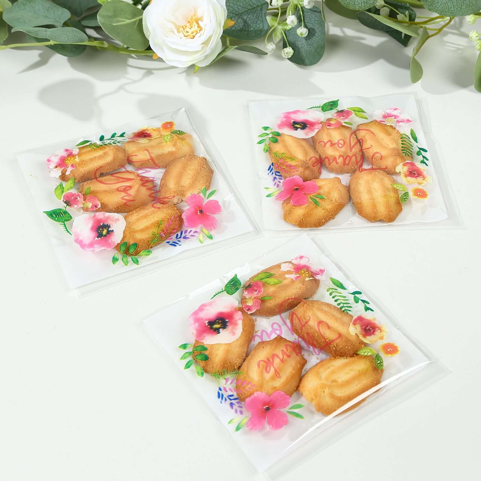 100-Pack PVC Cookie Candy Bags 6"x7" White/Clear With "Thank You" Floral Accents - Chic Self Sealing Transparent Goodie Bags for Confections Baked Treats Party Favors - Image 11
