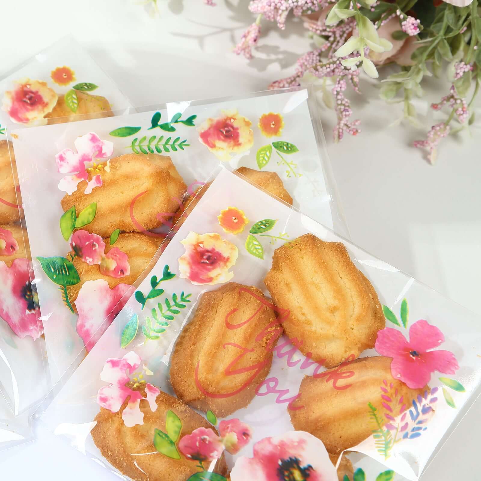 100-Pack PVC Cookie Candy Bags 6"x7" White/Clear With "Thank You" Floral Accents - Chic Self Sealing Transparent Goodie Bags for Confections Baked Treats Party Favors - Image 13