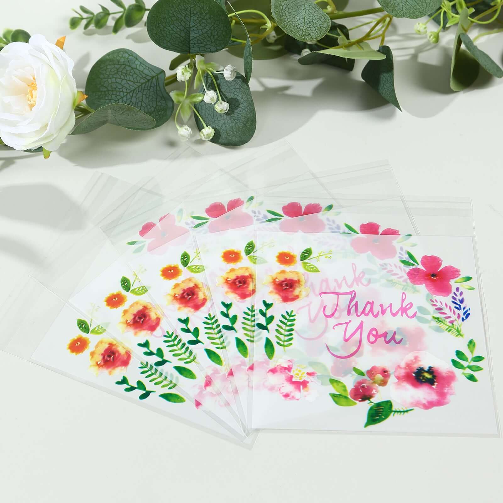 100-Pack PVC Cookie Candy Bags 6"x7" White/Clear With "Thank You" Floral Accents - Chic Self Sealing Transparent Goodie Bags for Confections Baked Treats Party Favors - Image 2