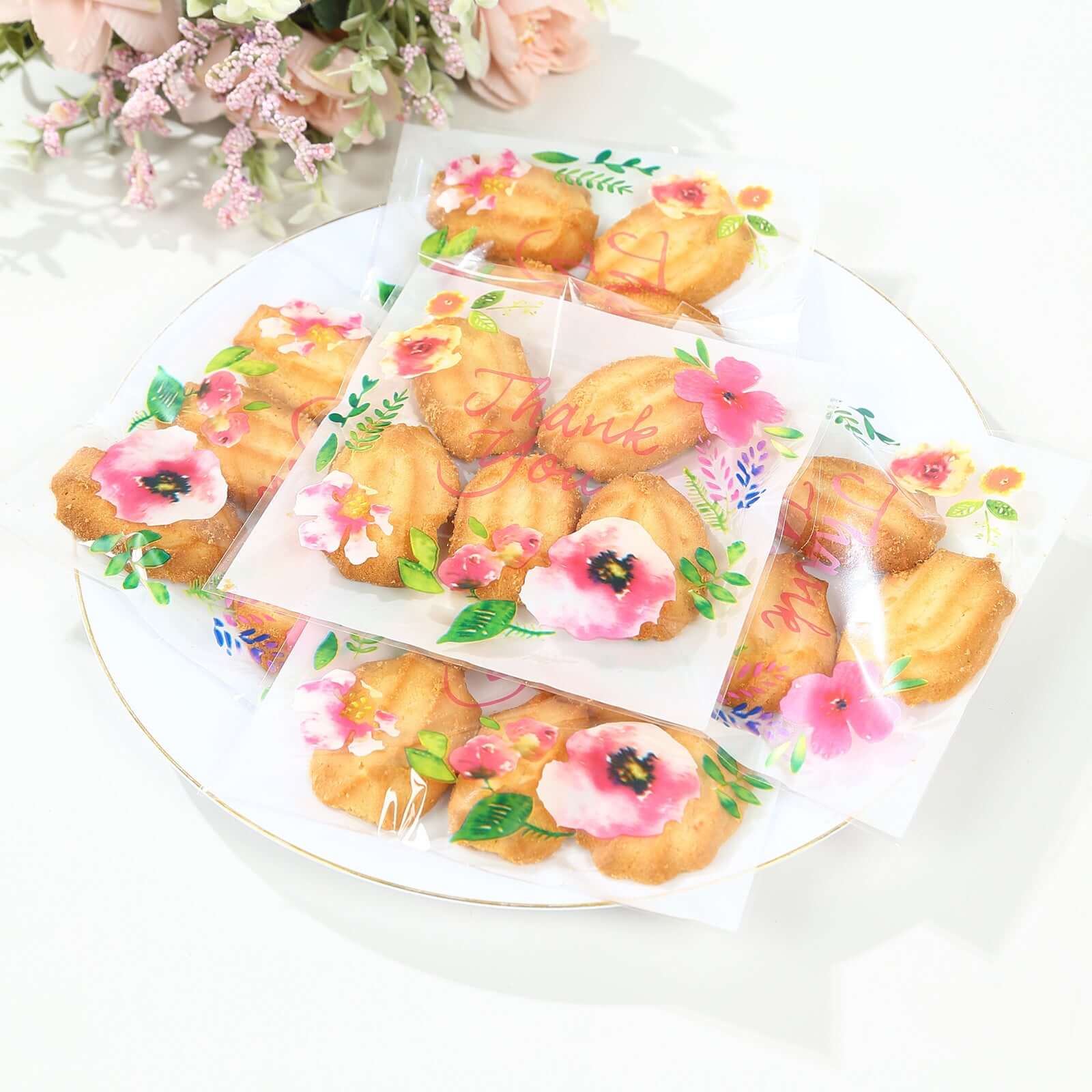 100-Pack PVC Cookie Candy Bags 6"x7" White/Clear With "Thank You" Floral Accents - Chic Self Sealing Transparent Goodie Bags for Confections Baked Treats Party Favors - Image 6