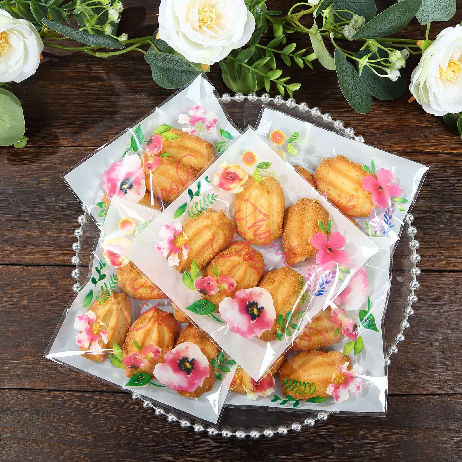 100-Pack PVC Cookie Candy Bags 6"x7" White/Clear With "Thank You" Floral Accents - Chic Self Sealing Transparent Goodie Bags for Confections Baked Treats Party Favors - Image 8