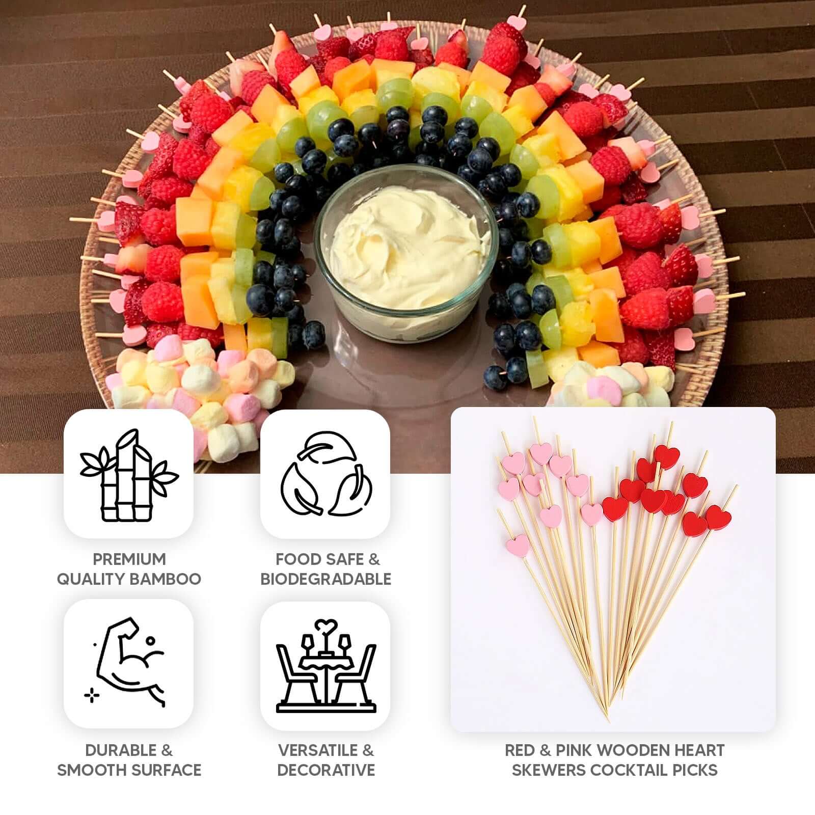100-Pack Red/Pink Bamboo Skewers 5", Heart Design Biodegradable Cocktail Sticks - Eco Friendly Fruit Appetizer Party Picks - Image 4