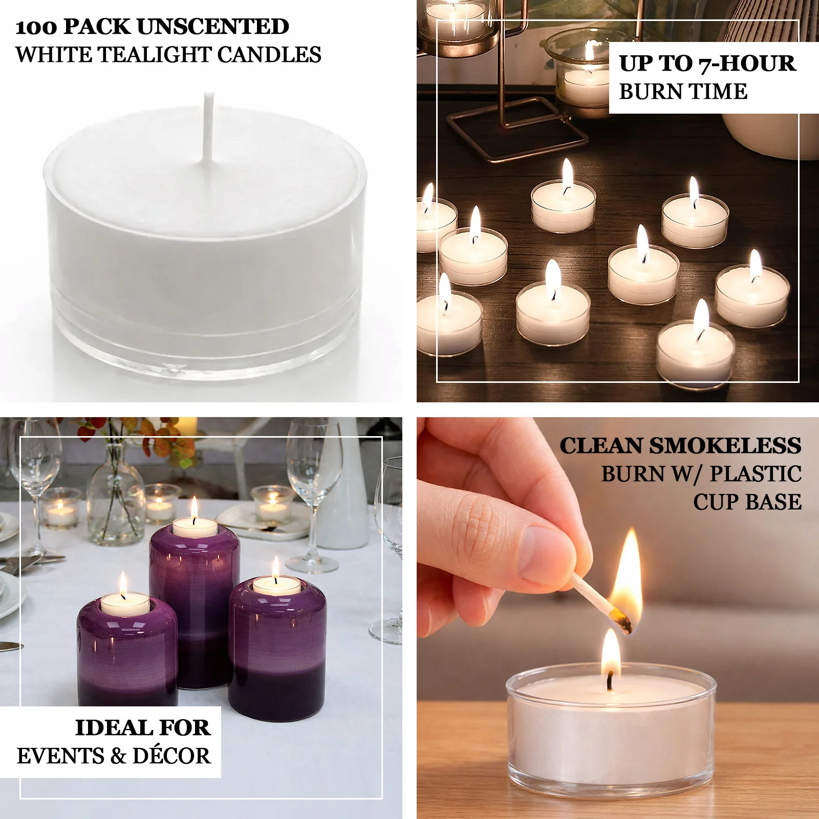 100 Pack White Unscented Tealight Candles – 7-Hour Extended Burn Time, Smokeless, Clean-Burning Wax, Clear Plastic Cups - Image 4