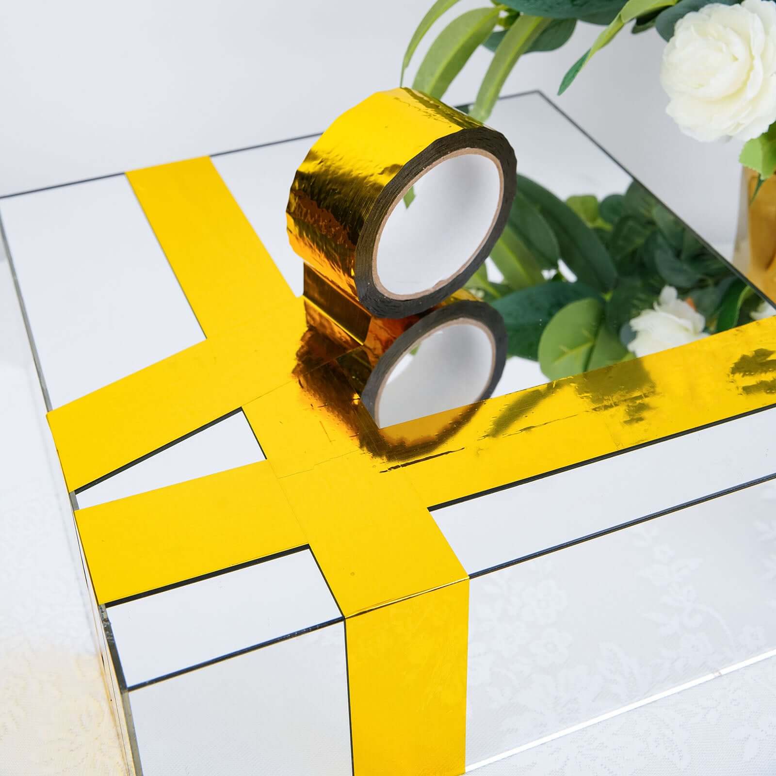 Gold Metallic Film Tape Adhesive, DIY Floral Wrap Craft Decor Tape - Polyester with Acrylic 100 Yds 2" - Image 2