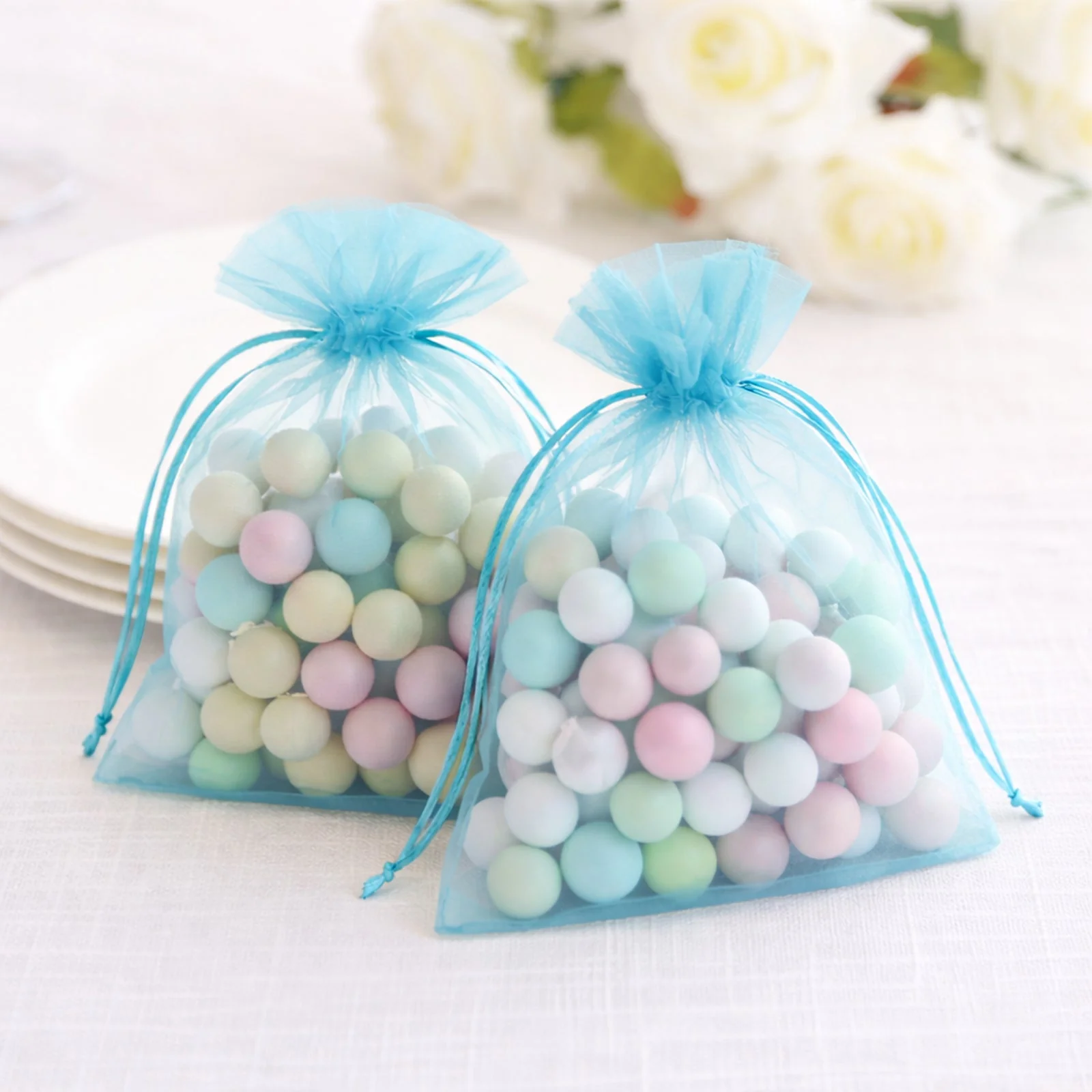 100 Pack Turquoise Organza Drawstring Gift Bags, 5" x 7" – Wedding Party Favor Bags - Image 10