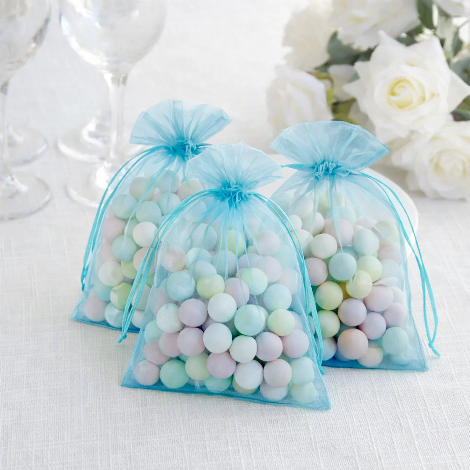 100 Pack Turquoise Organza Drawstring Gift Bags, 5" x 7" – Wedding Party Favor Bags - Image 6