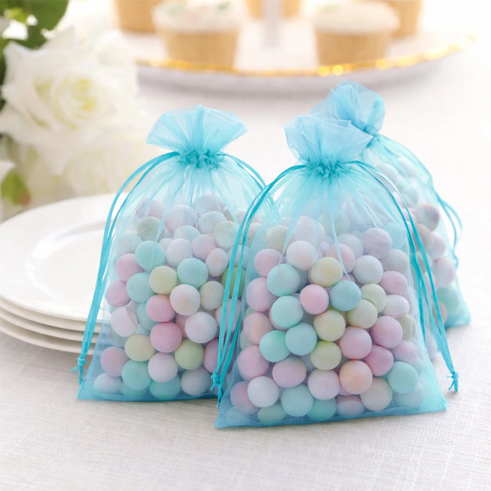 100 Pack Turquoise Organza Drawstring Gift Bags, 5" x 7" – Wedding Party Favor Bags - Image 7