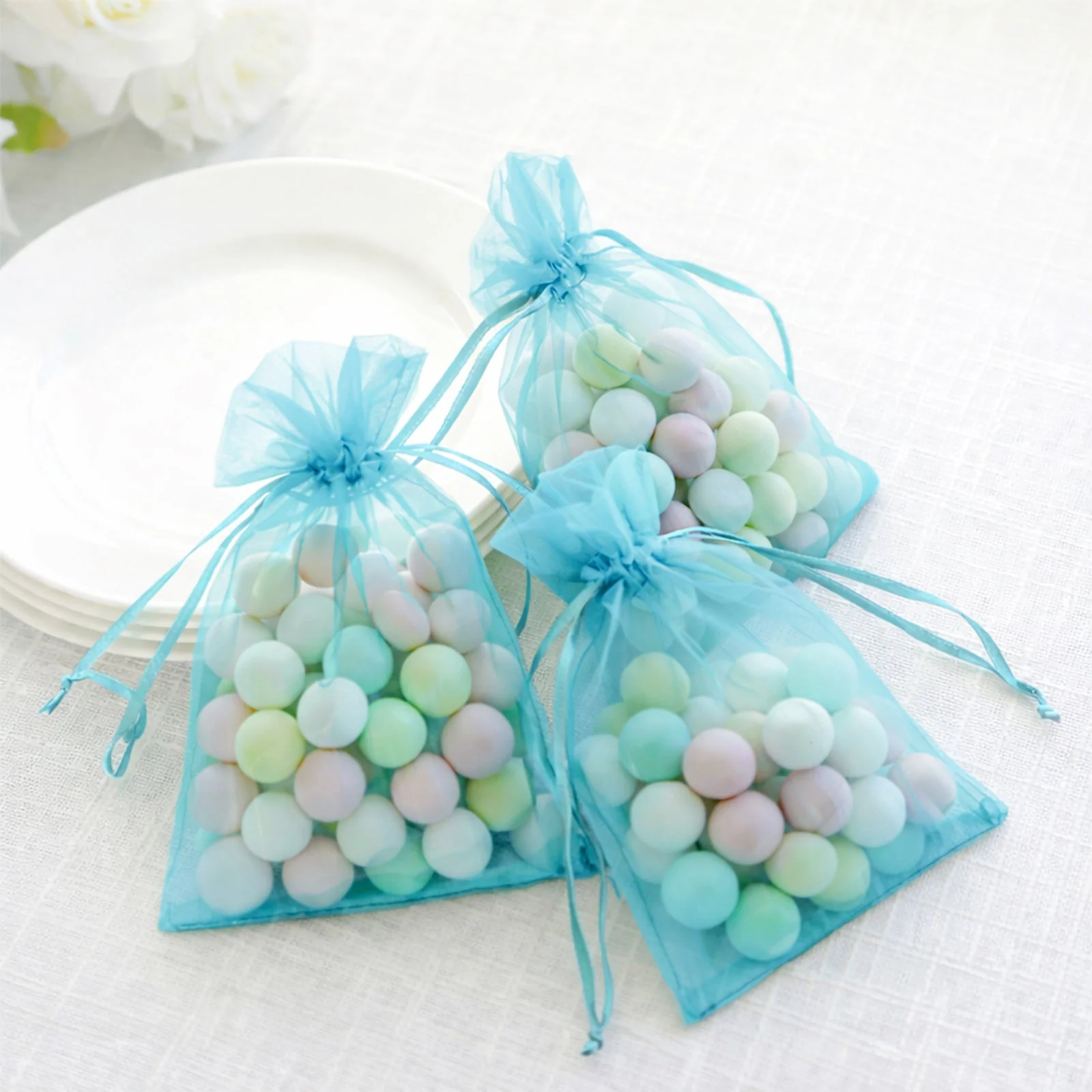 100 Pack Turquoise Organza Drawstring Gift Bags, 5" x 7" – Wedding Party Favor Bags - Image 8