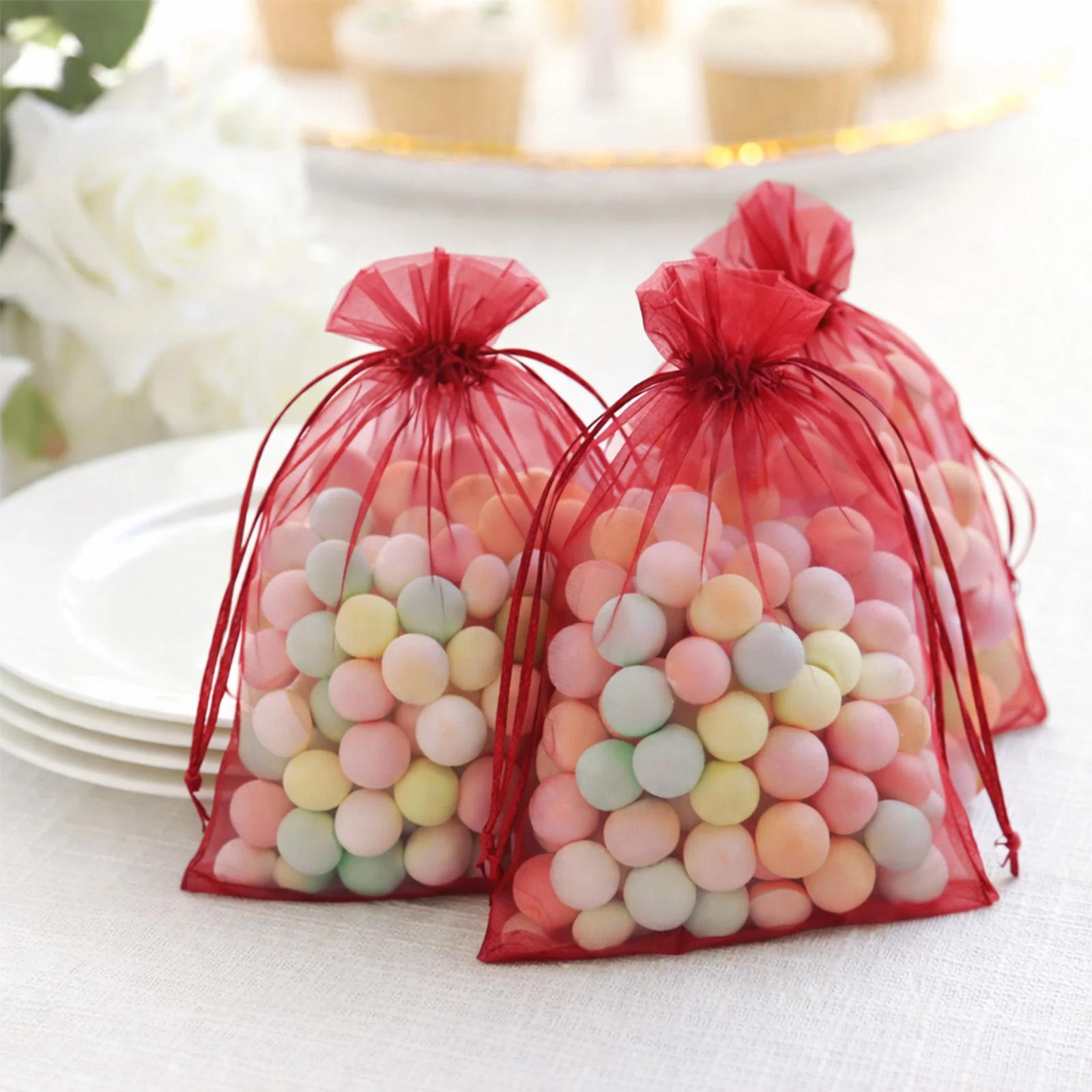 100 Pack Burgundy Organza Drawstring Gift Bags, 5" x 7" – Wedding Party Favor Bags - Image 8