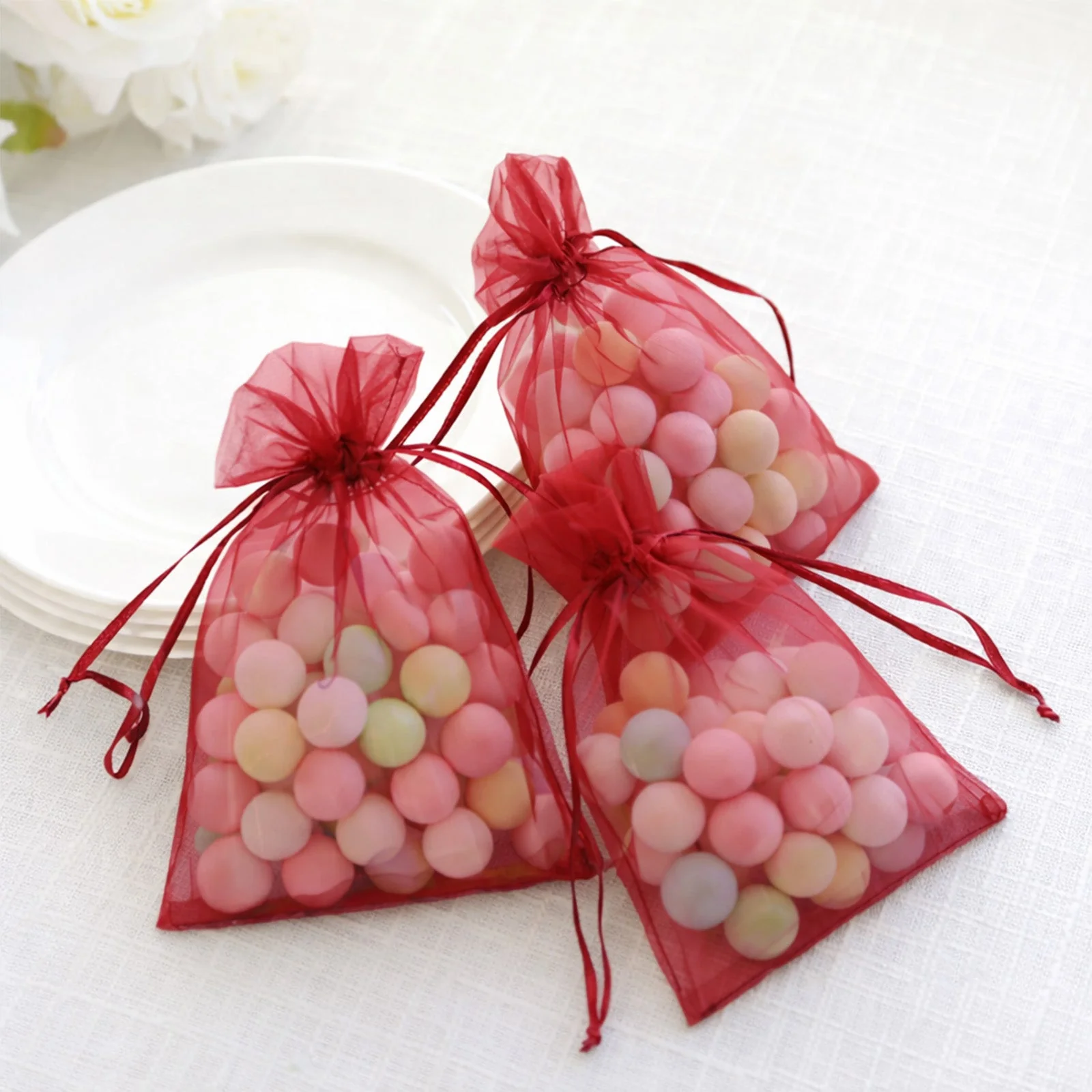 100 Pack Burgundy Organza Drawstring Gift Bags, 5" x 7" – Wedding Party Favor Bags - Image 9