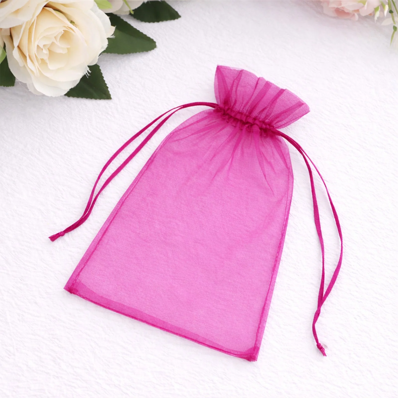 100 Pack Fuchsia Organza Drawstring Gift Bags, 5" x 7" – Wedding Party Favor Bags - Image 6