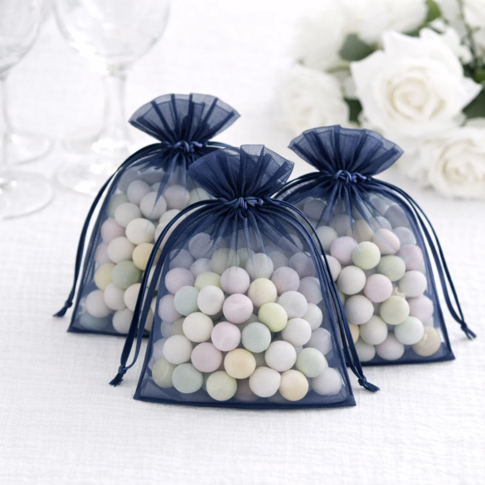 100 Pack Navy Blue Organza Drawstring Gift Bags, 5" x 7" – Wedding Party Favor Bags - Image 7