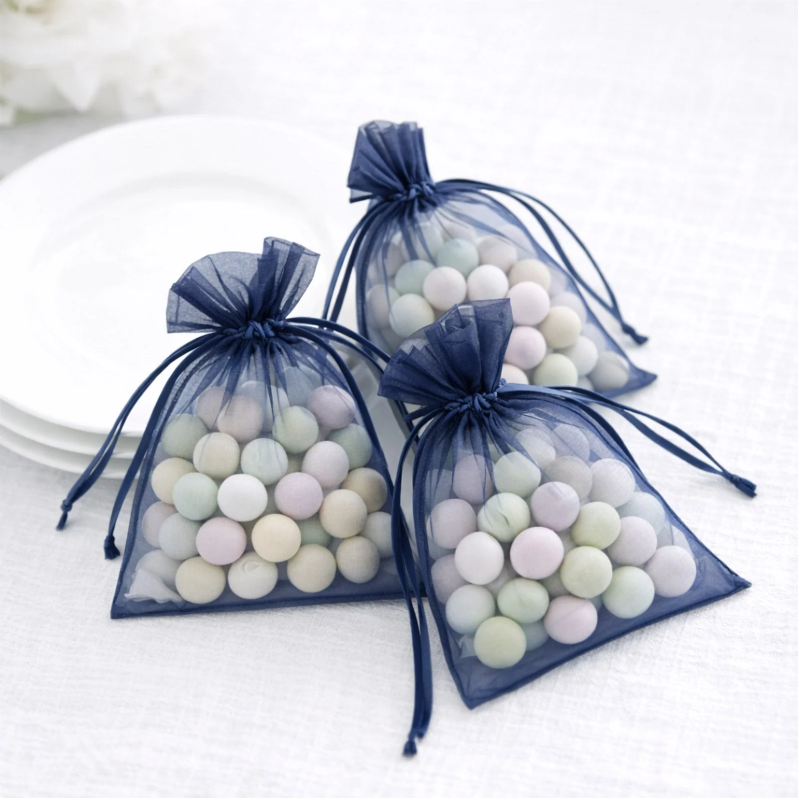 100 Pack Navy Blue Organza Drawstring Gift Bags, 5" x 7" – Wedding Party Favor Bags - Image 9