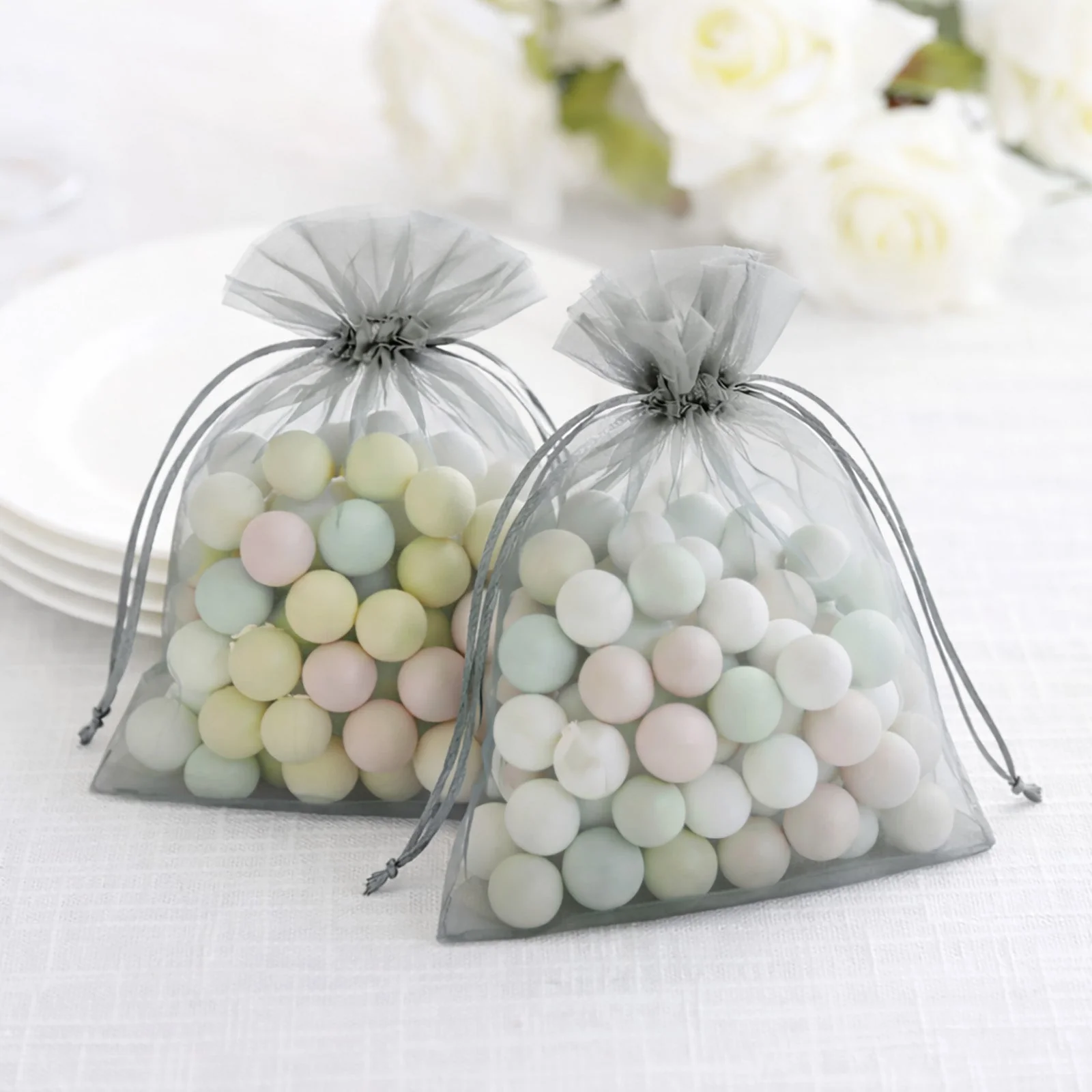 100 Pack Silver Organza Drawstring Gift Bags, 5" x 7" – Wedding Party Favor Bags - Image 10