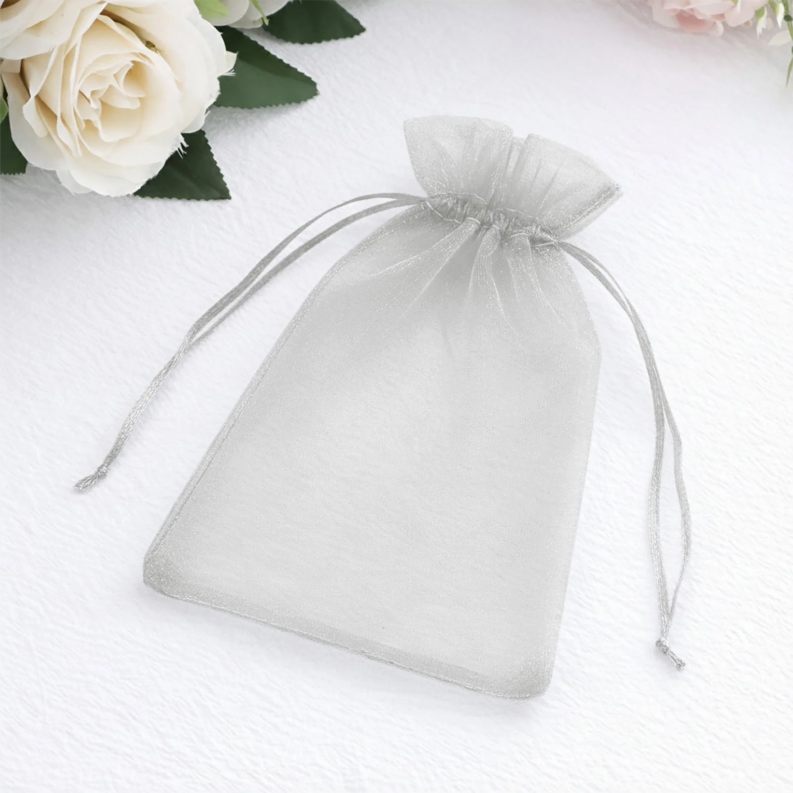 100 Pack Silver Organza Drawstring Gift Bags, 5" x 7" – Wedding Party Favor Bags - Image 6