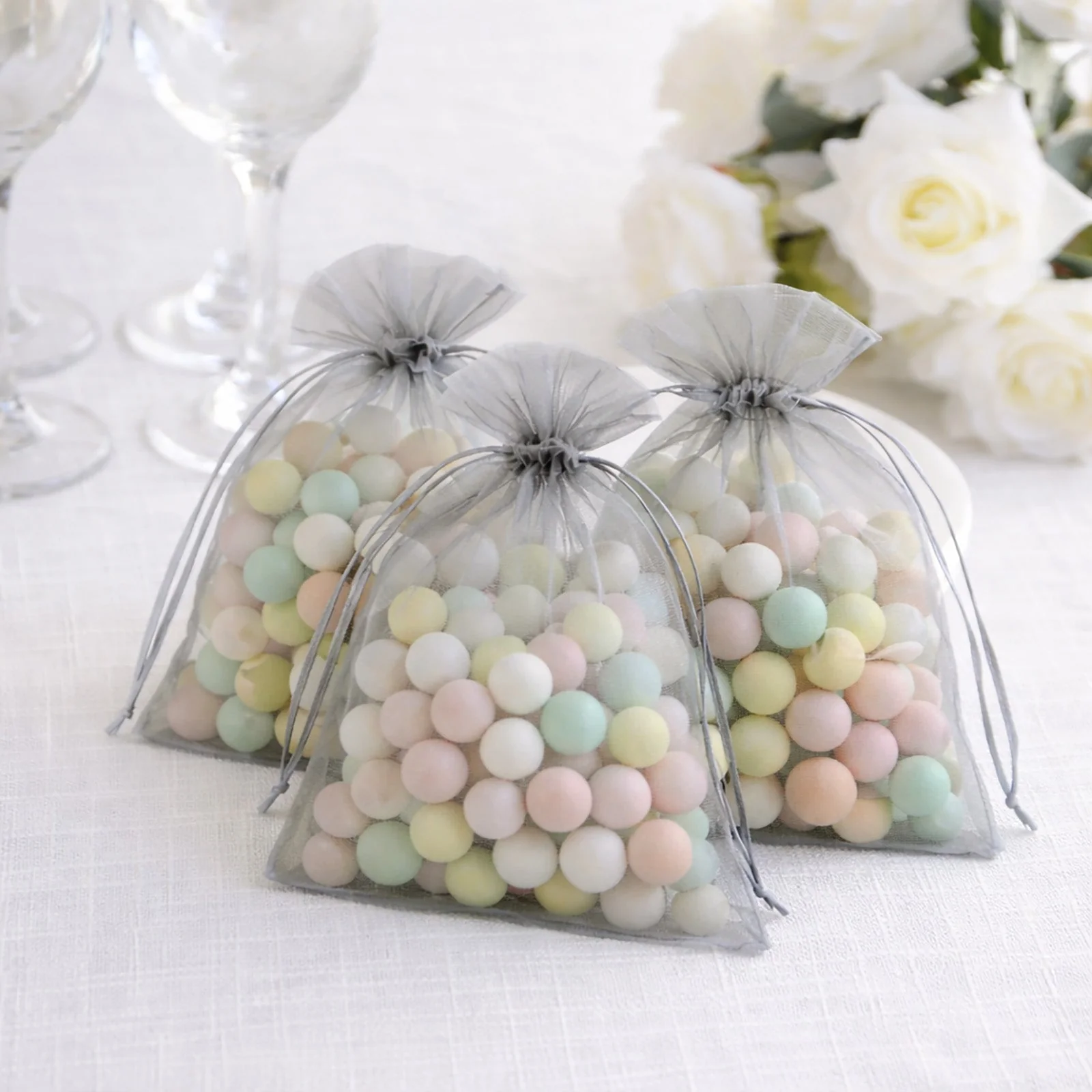 100 Pack Silver Organza Drawstring Gift Bags, 5" x 7" – Wedding Party Favor Bags - Image 7