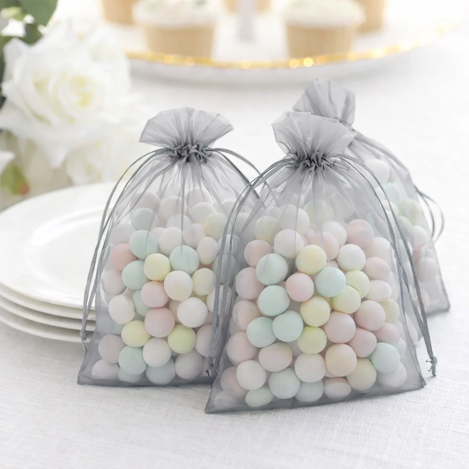 100 Pack Silver Organza Drawstring Gift Bags, 5" x 7" – Wedding Party Favor Bags - Image 8