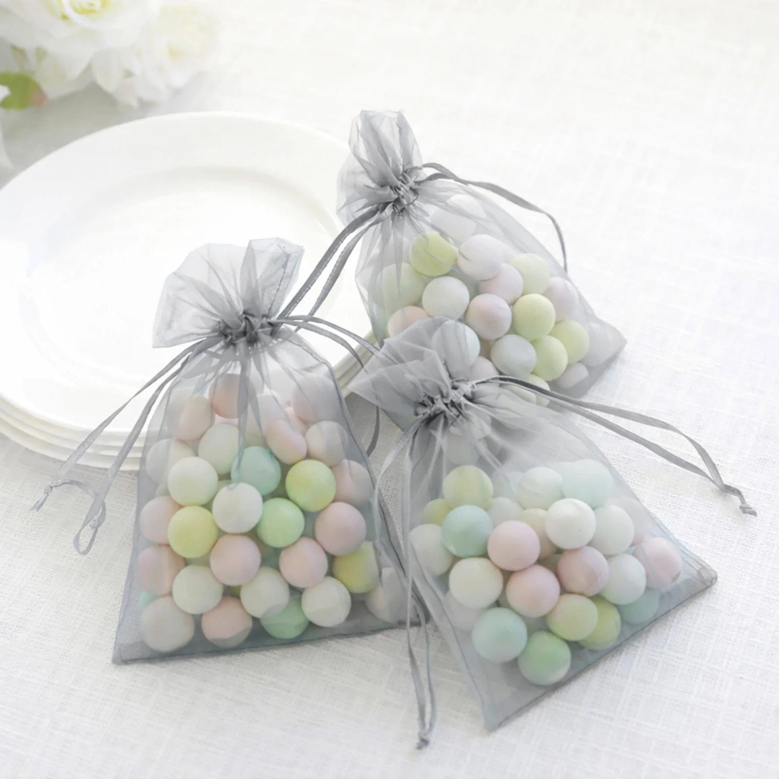 100 Pack Silver Organza Drawstring Gift Bags, 5" x 7" – Wedding Party Favor Bags - Image 9