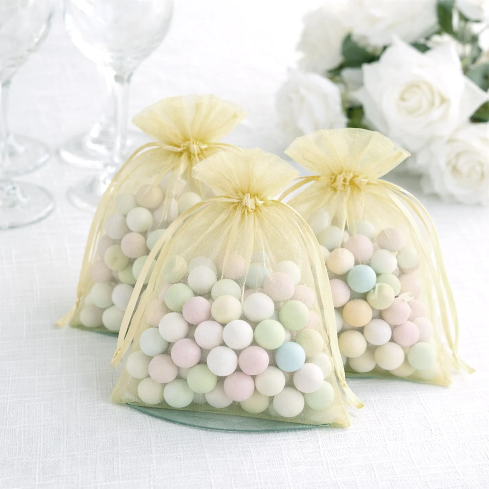100 Pack Yellow Organza Drawstring Gift Bags, 5" x 7" – Wedding Party Favor Bags - Image 7