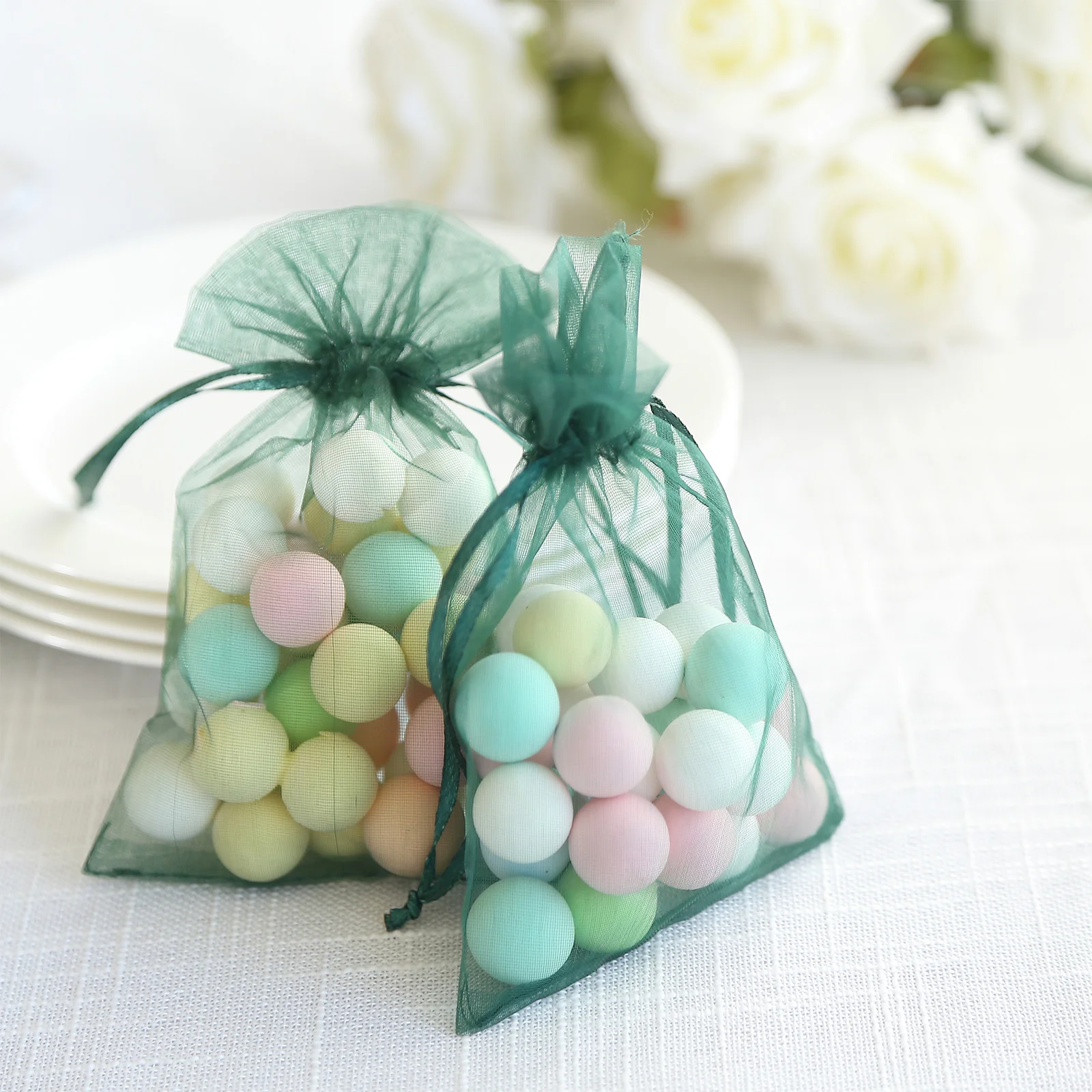 100 Pack Hunter Emerald Green Organza Drawstring Gift Bags, 4" x 6" – Wedding Party Favor Bags - Image 10