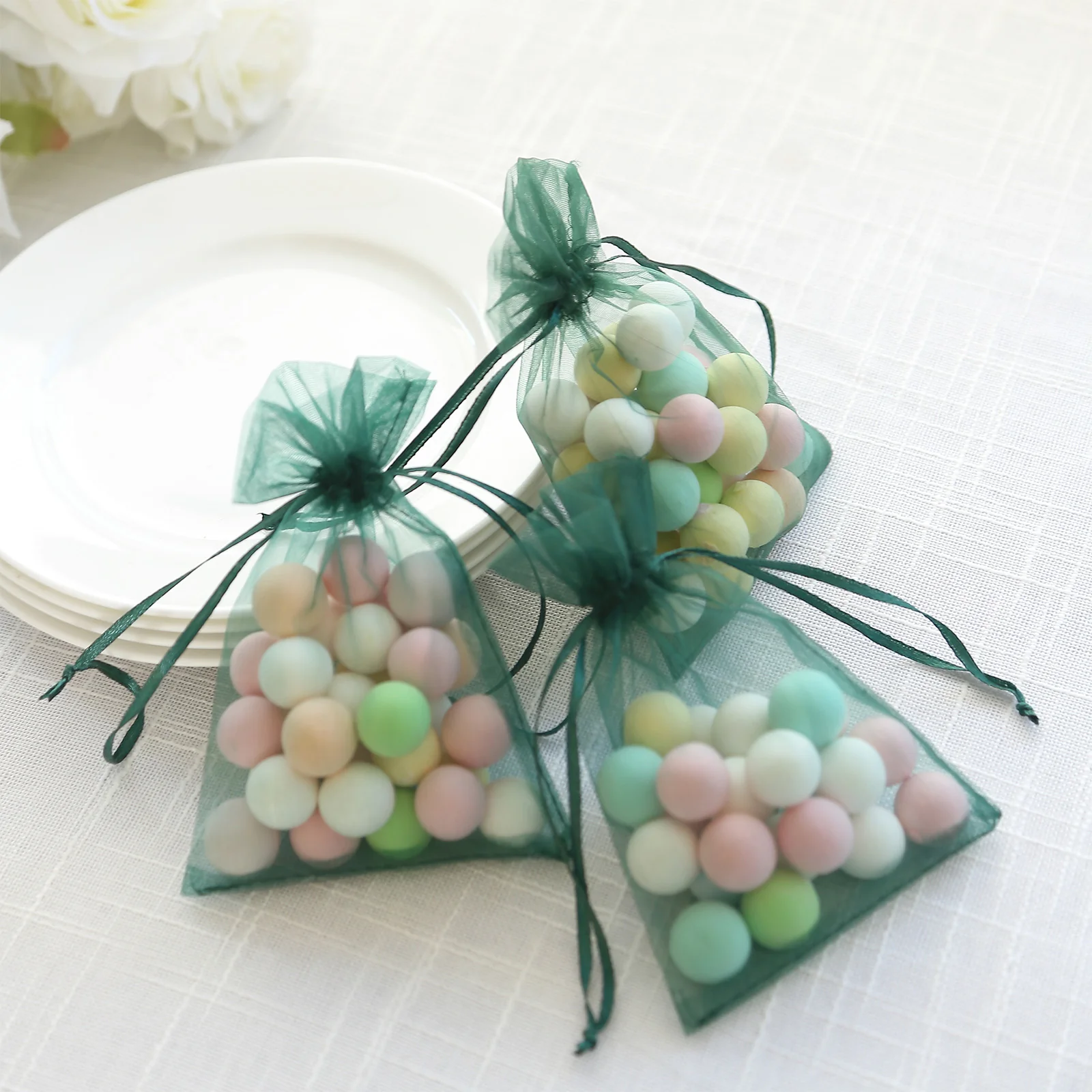 100 Pack Hunter Emerald Green Organza Drawstring Gift Bags, 4" x 6" – Wedding Party Favor Bags - Image 8