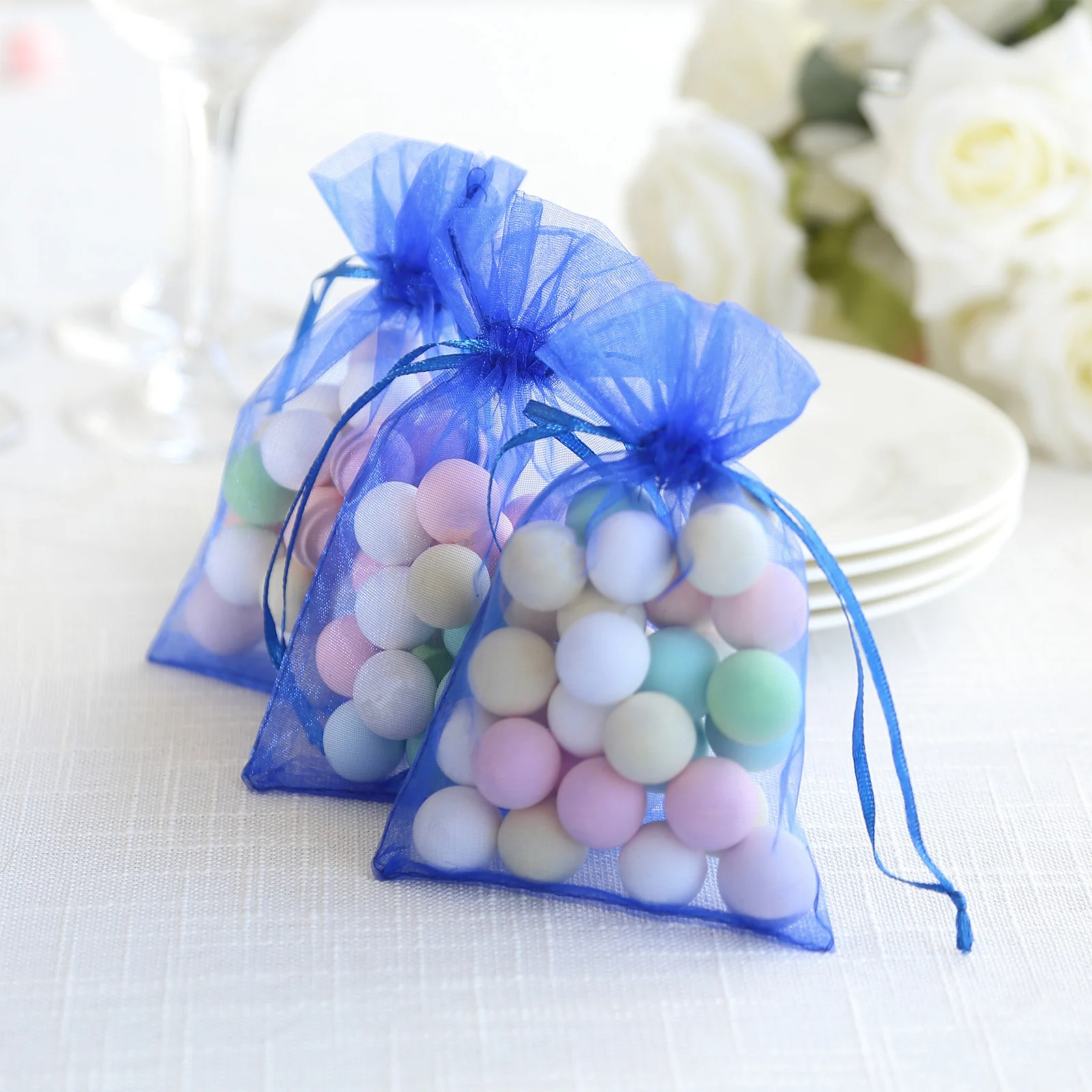 100 Pack Royal Blue Organza Drawstring Gift Bags, 4" x 6" – Wedding Party Favor Bags - Image 8