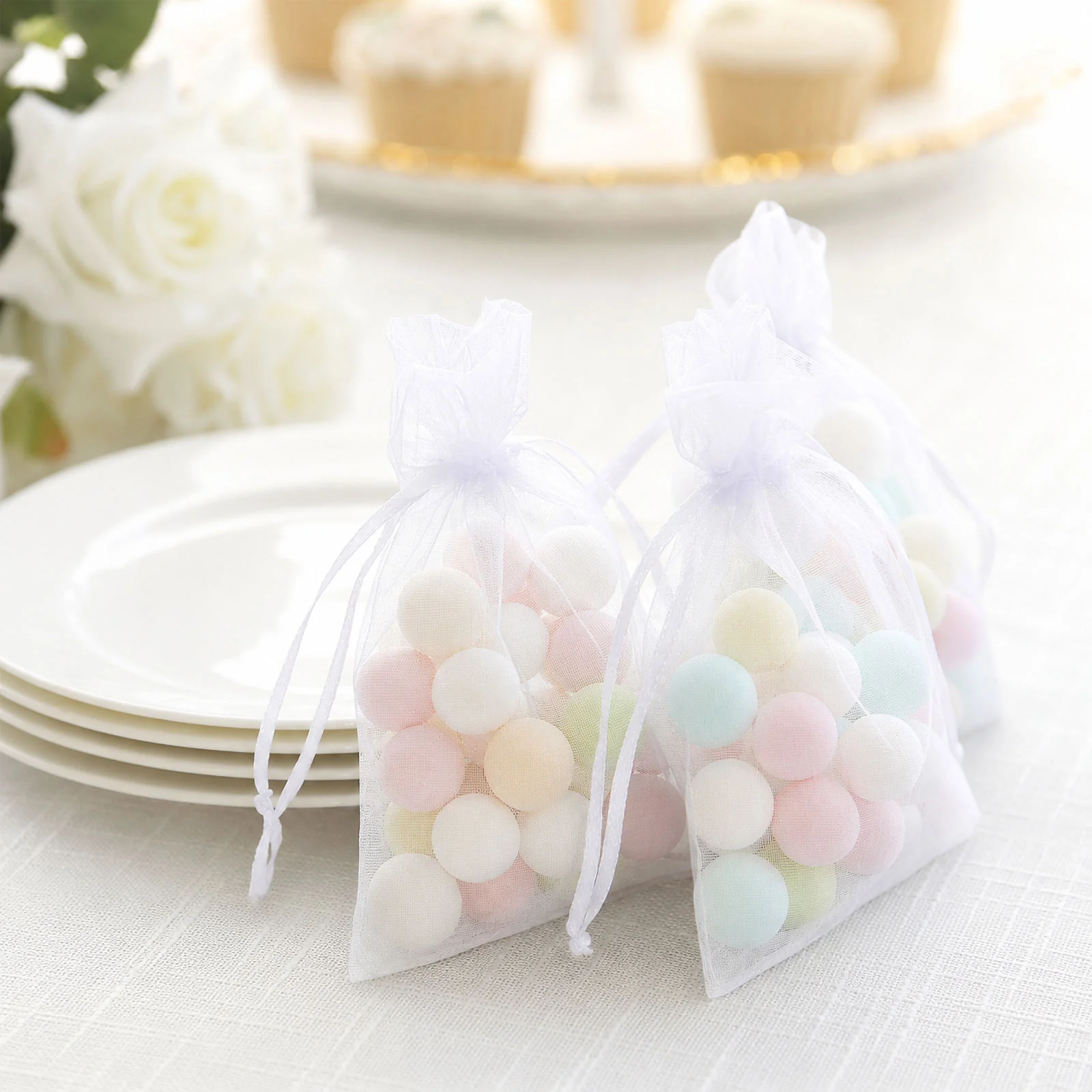 100 Pack White Organza Drawstring Gift Bags, 4" x 6" – Wedding Party Favor Bags - Image 7