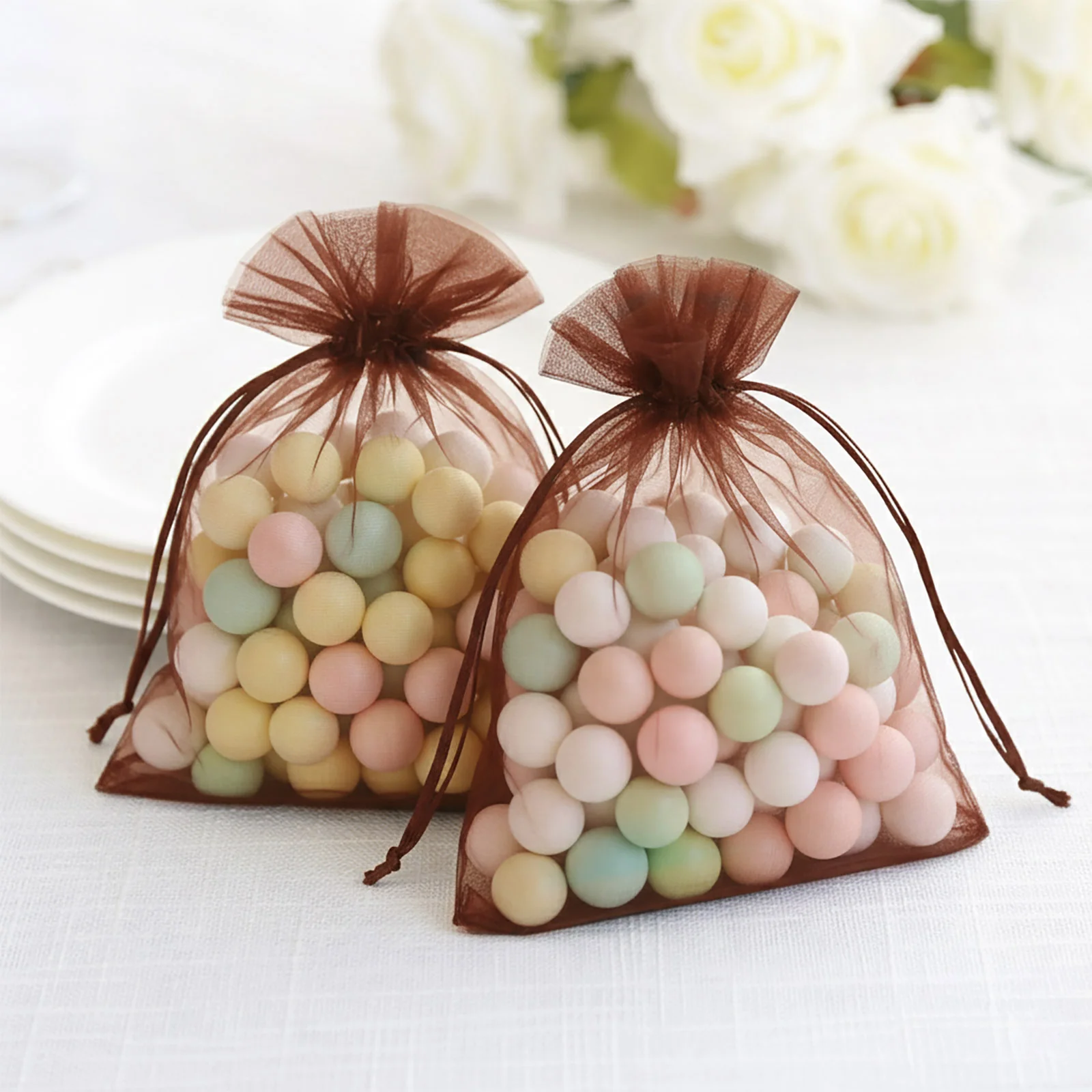 100 Pack Chocolate Organza Drawstring Gift Bags, 5" x 7" – Wedding Party Favor Bags - Image 10