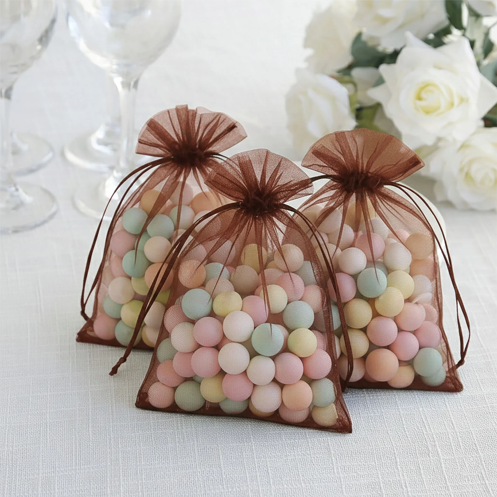 100 Pack Chocolate Organza Drawstring Gift Bags, 5" x 7" – Wedding Party Favor Bags - Image 7