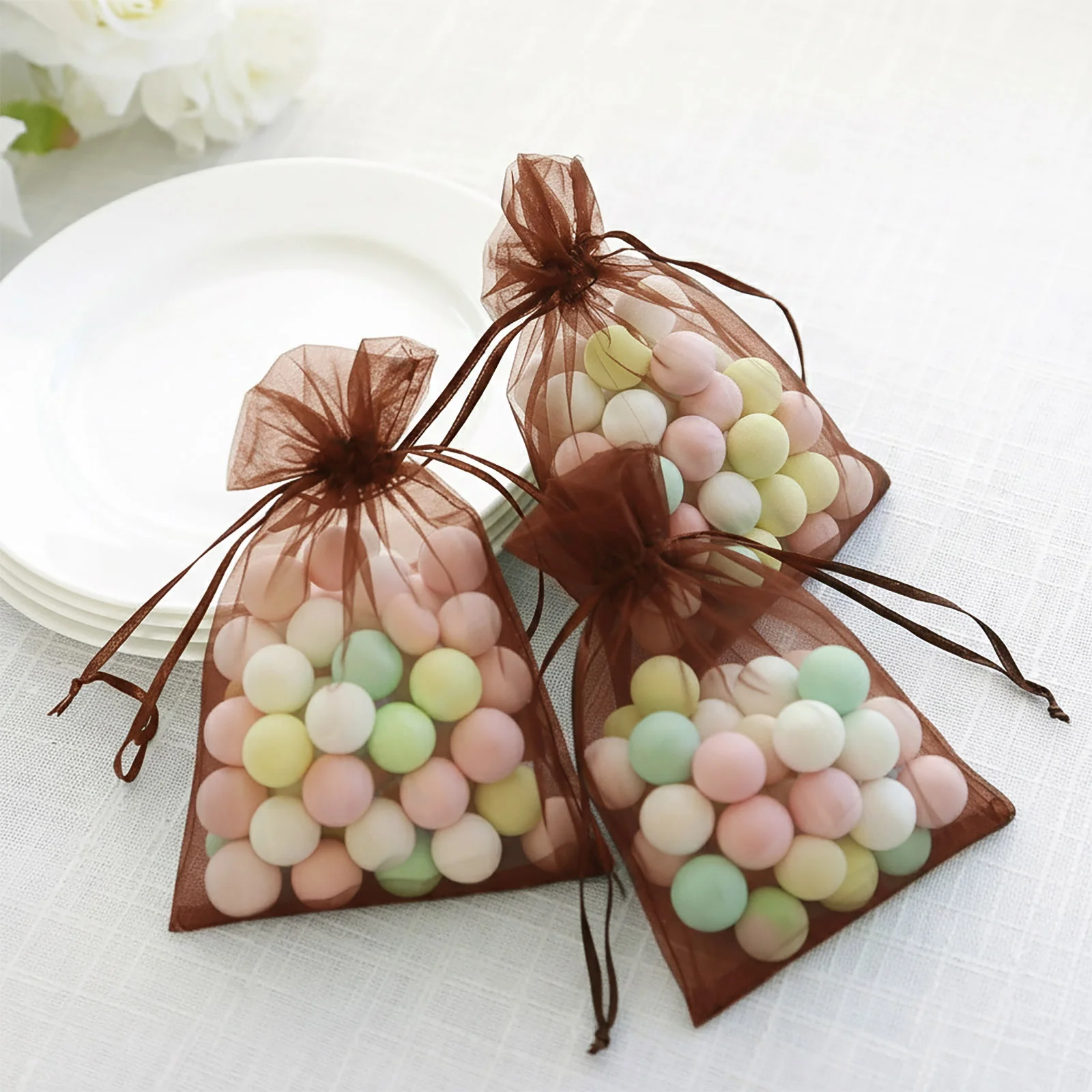 100 Pack Chocolate Organza Drawstring Gift Bags, 5" x 7" – Wedding Party Favor Bags - Image 9