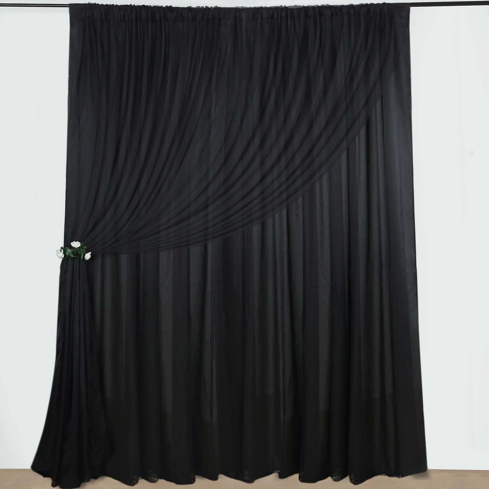 Black Chiffon Polyester Backdrop Drape Curtain, Dual Layer Event Divider Panel with Rod Pockets - 10ftx10ft
