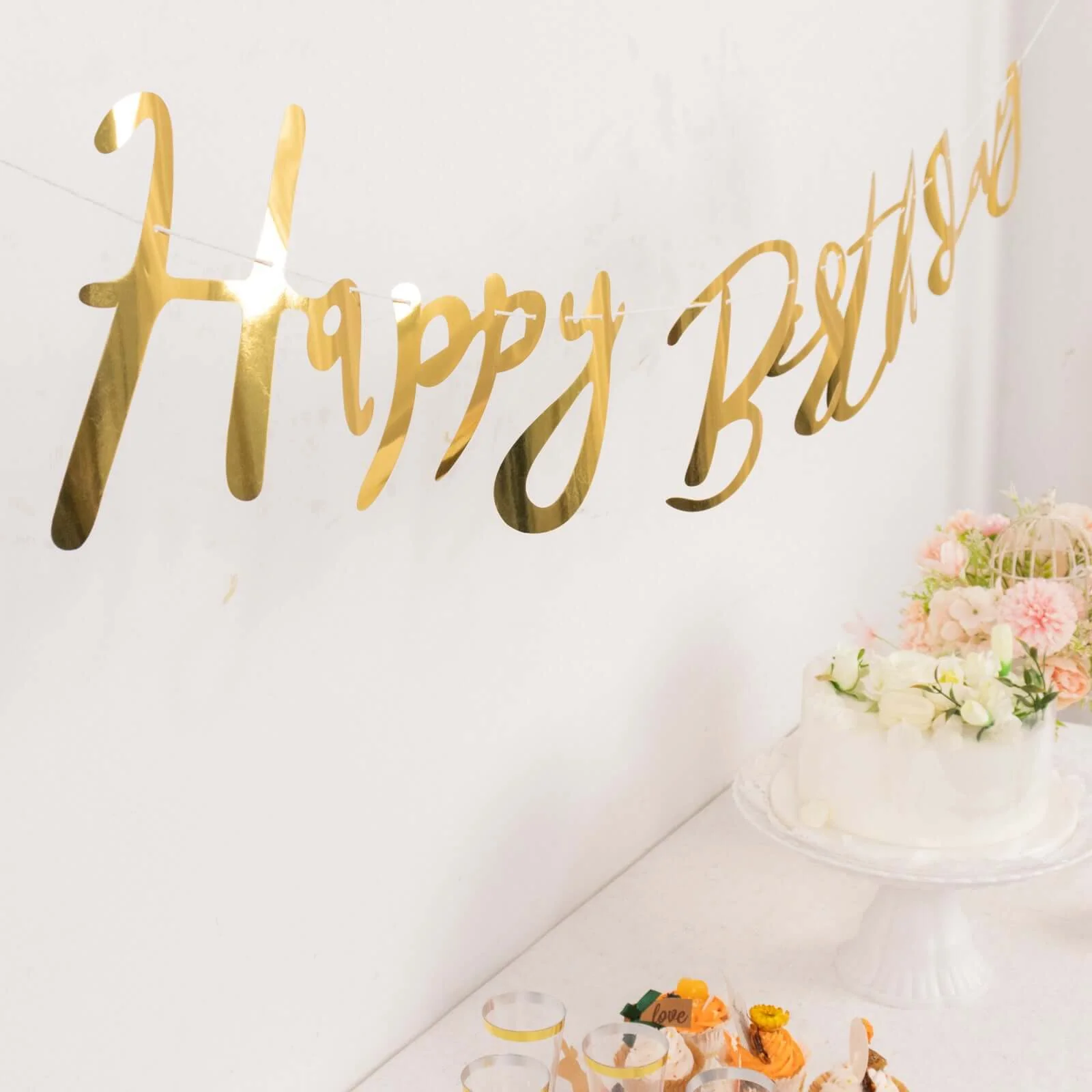 Pre-Strung Metallic Gold Foil "Happy Birthday" Banner, Party Photo Backdrop Hanging Garland 250 GSM 10ft - Image 2