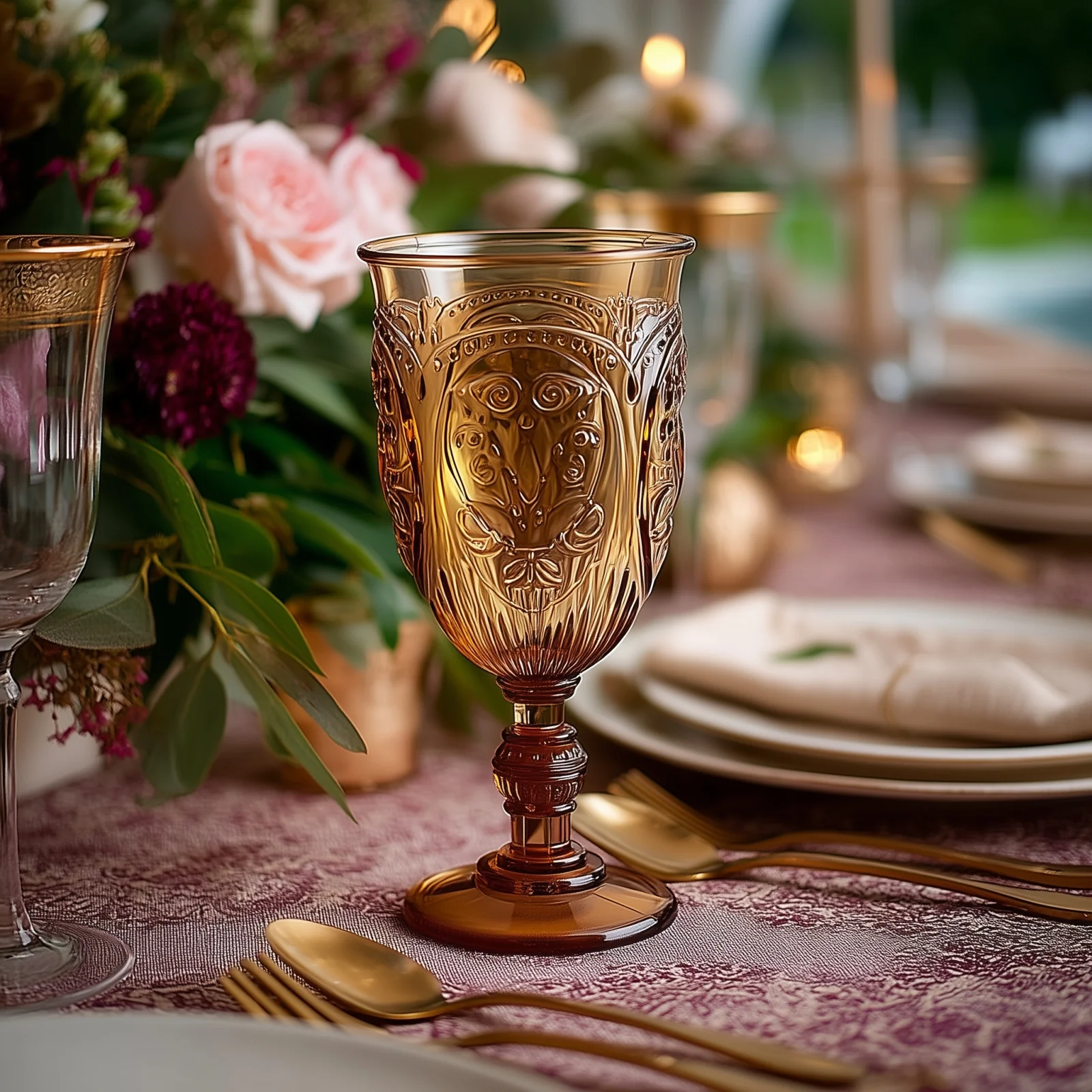 24-Pack Plastic Vintage Goblets – 10oz Amber Gold Retro Embossed Wine Glasses, Elegant Water & Juice Cups - 7" Tall - Image 2