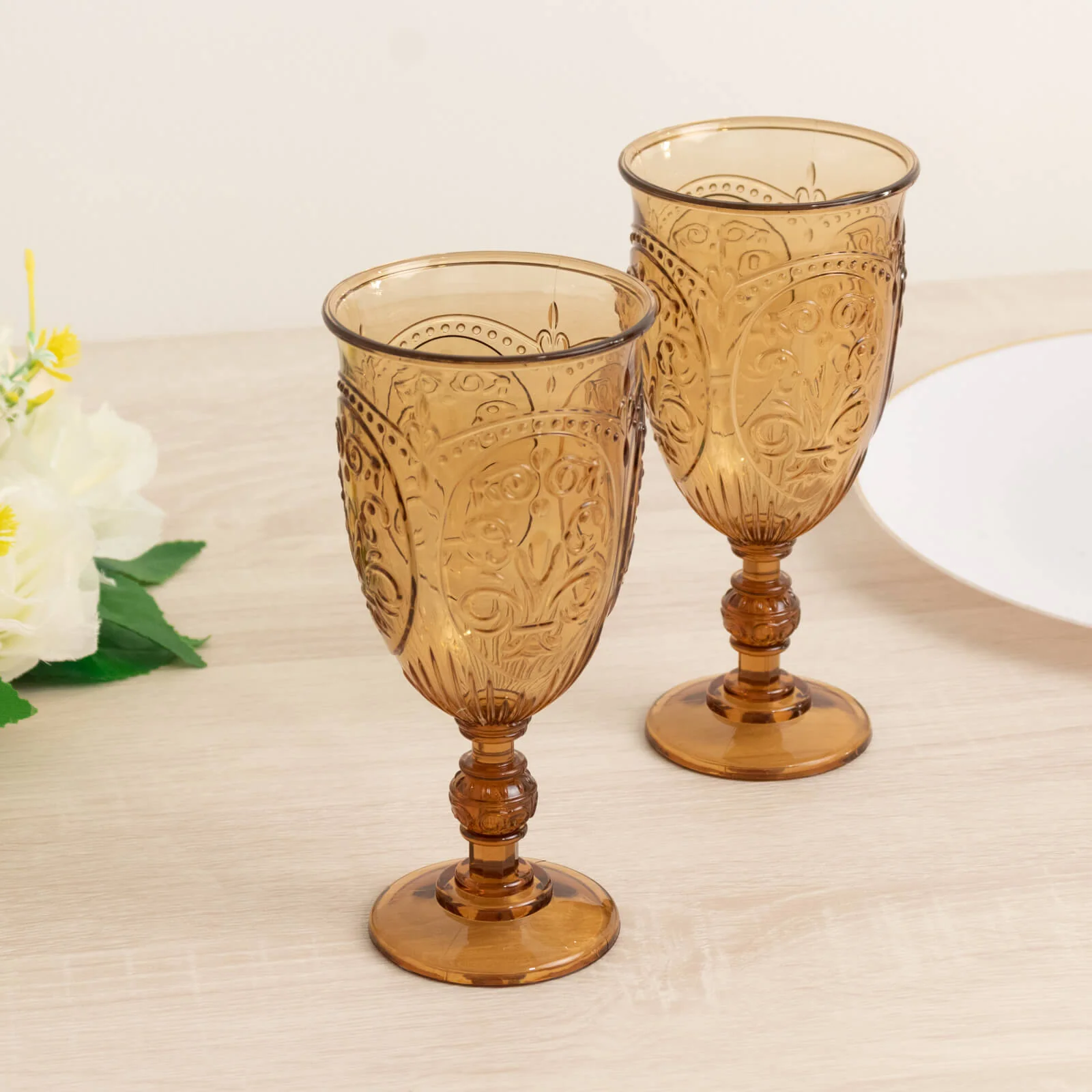 24-Pack Plastic Vintage Goblets – 10oz Amber Gold Retro Embossed Wine Glasses, Elegant Water & Juice Cups - 7" Tall - Image 7