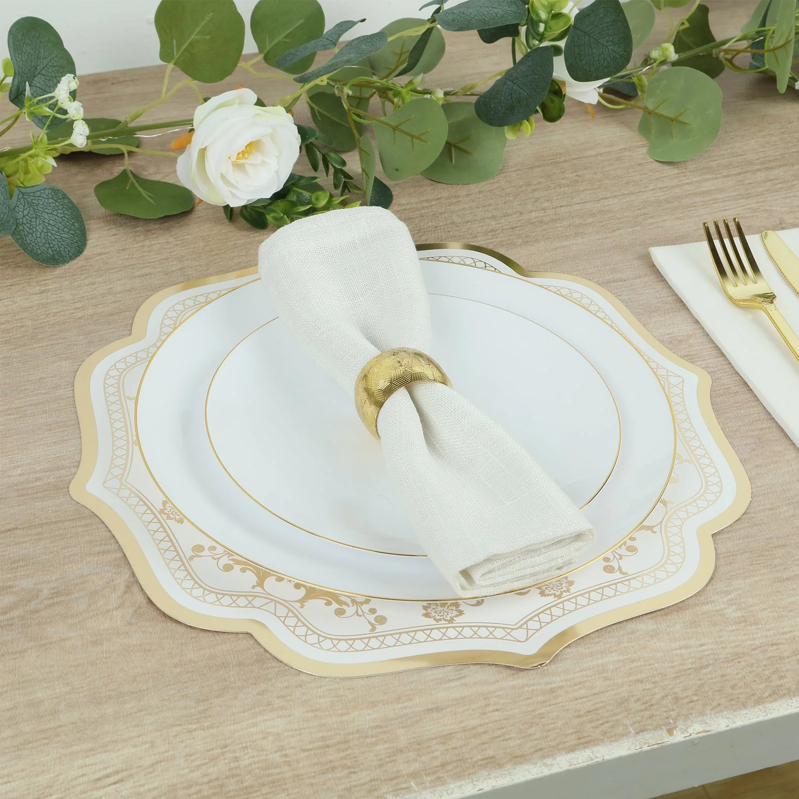 10 Pack Cardboard Paper Placemats with White Gold Damask Floral Pattern, 13" Round Disposable Table Mats with Scalloped Rim - 400 GSM - Image 7