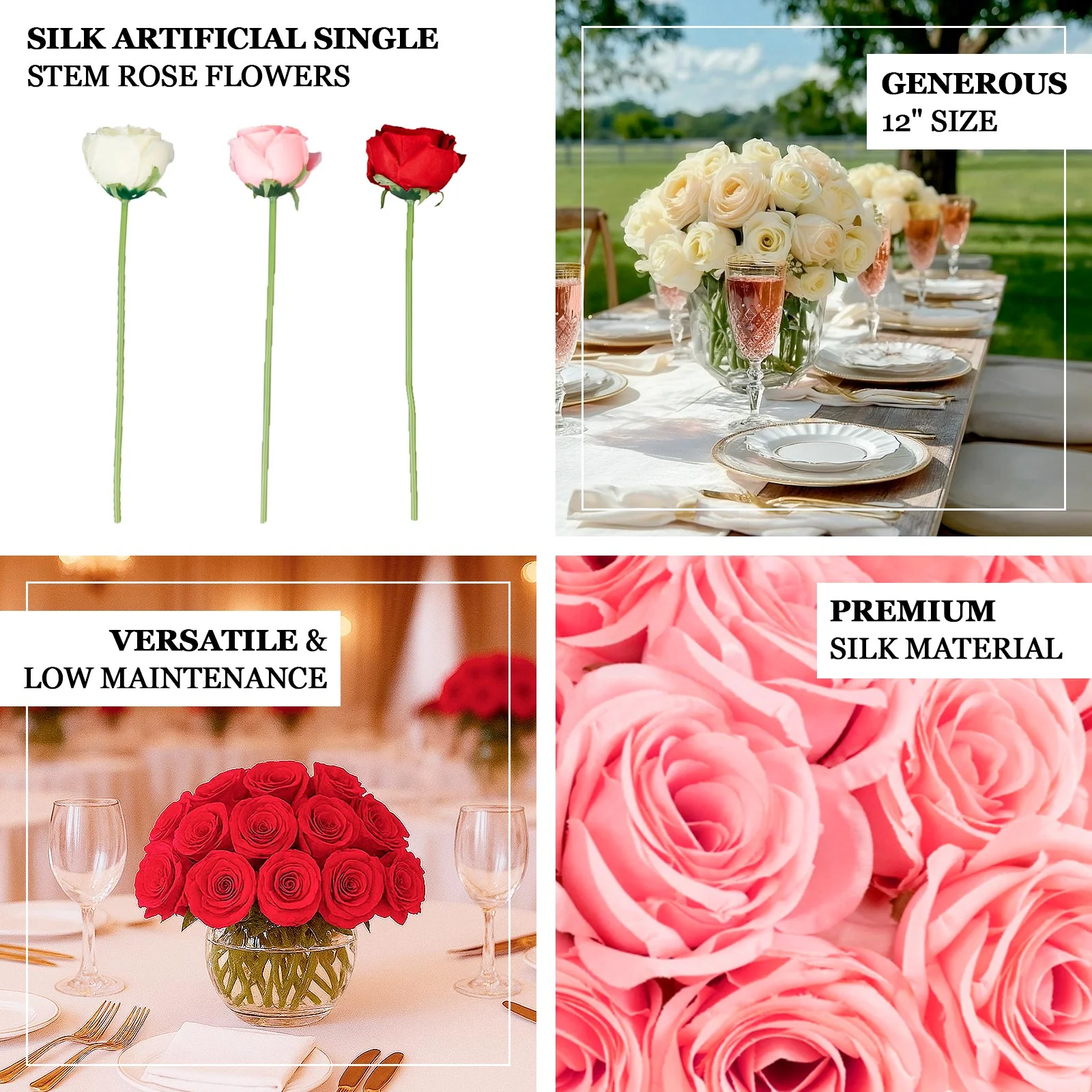 10 Pcs White Silk Roses - Realistic 12" Artificial Flowers for Arrangements & Bouquets - Image 4