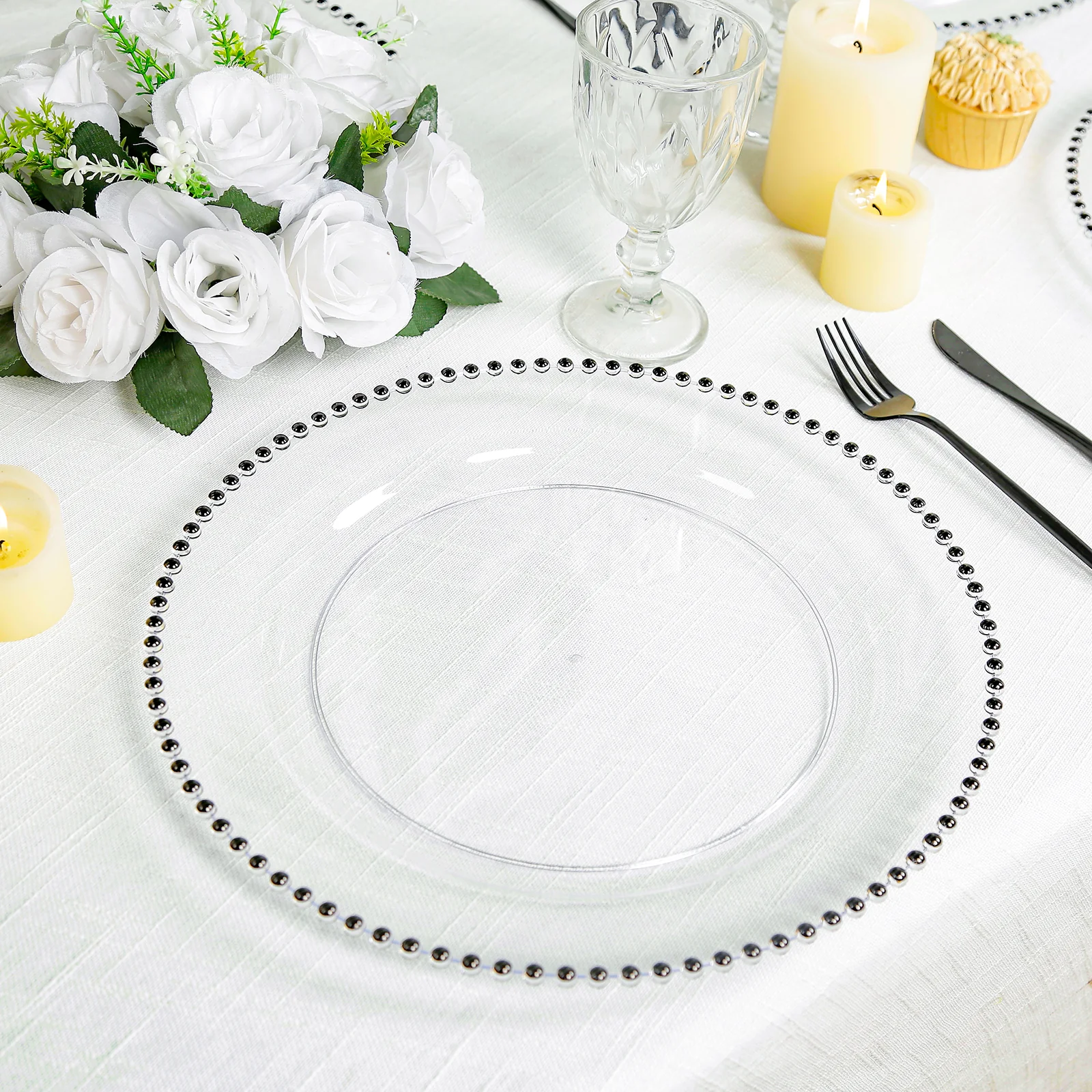 10-Pack Economy Plastic Charger Plates 13" Round Clear with Black Beaded Rim - Stylish Dinner Party Serving Plates - Image 6