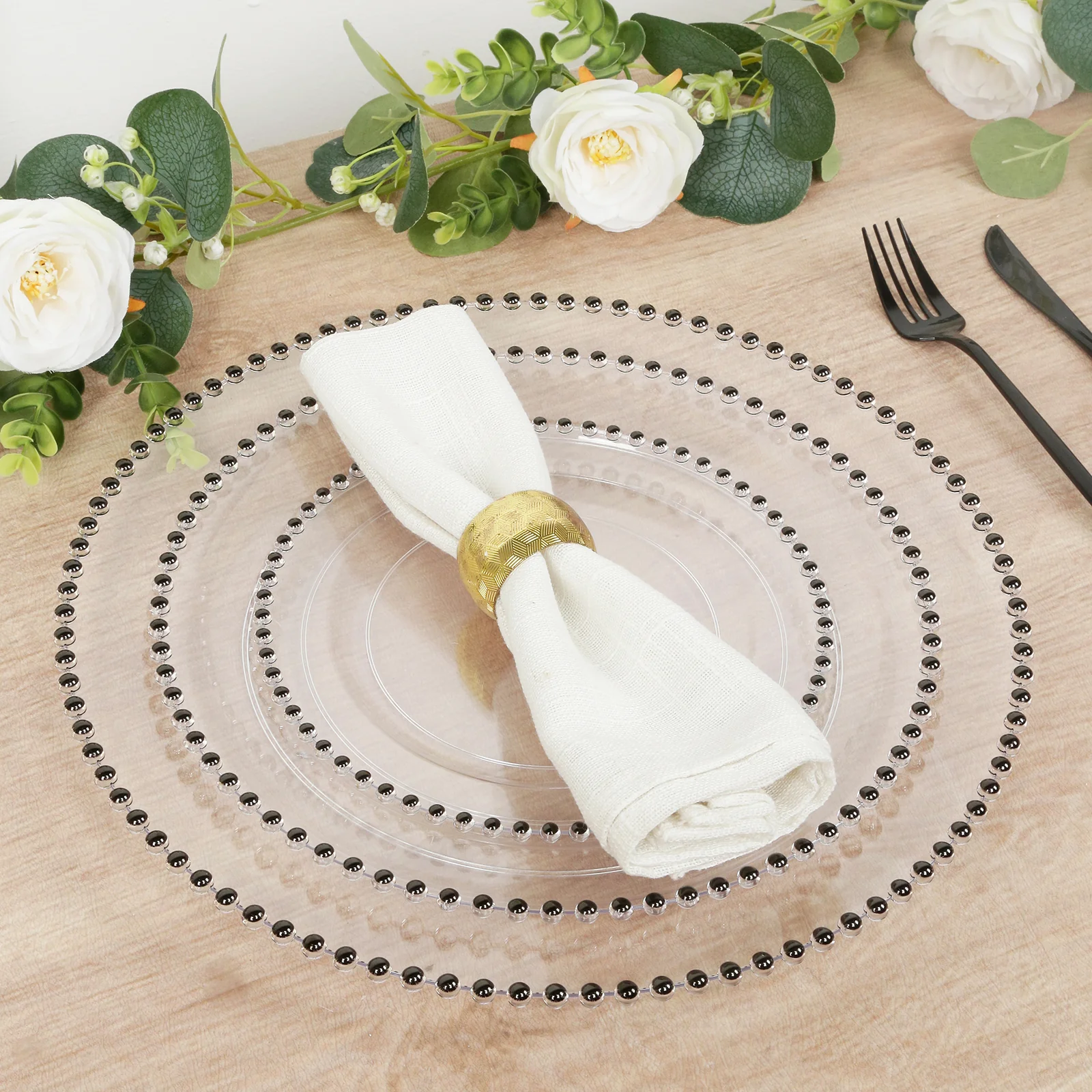 10-Pack Economy Plastic Charger Plates 13" Round Clear with Black Beaded Rim - Stylish Dinner Party Serving Plates - Image 8